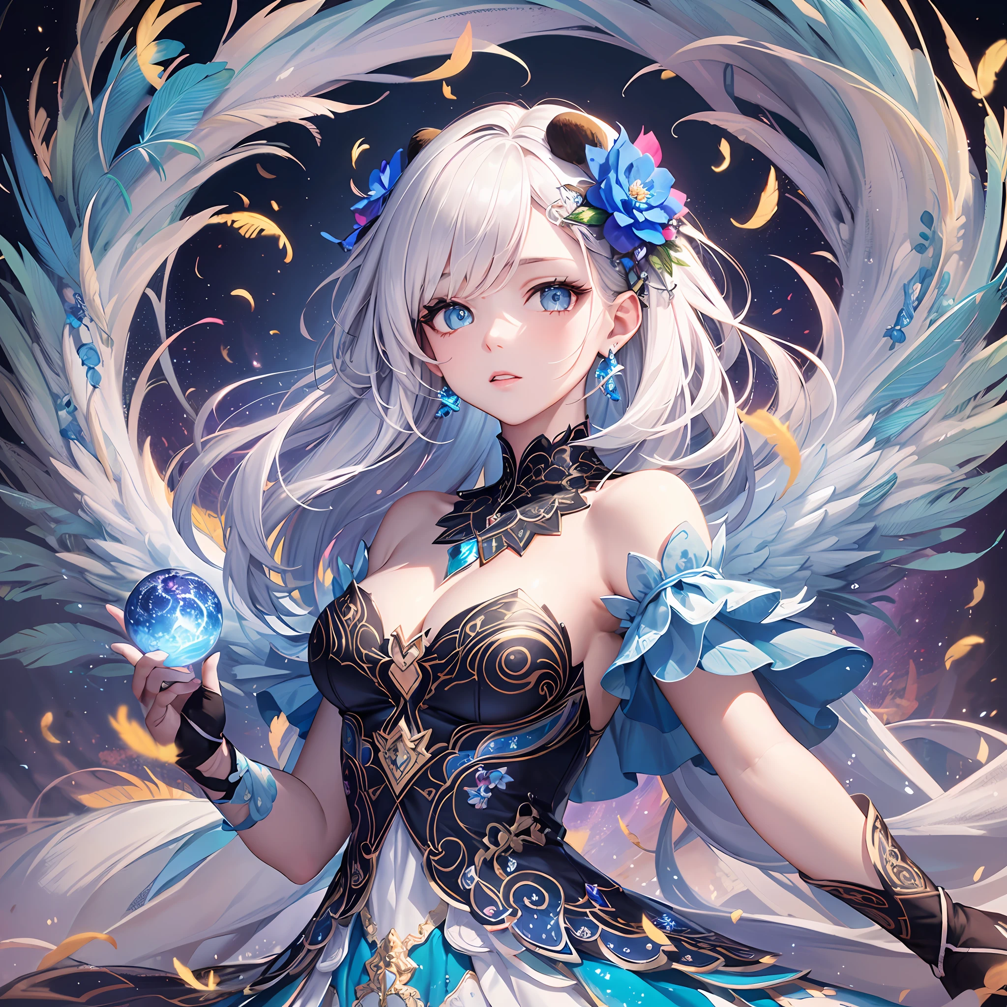 (Masterpiece, Top Quality, Top Quality, Official Art, Beautiful and Aesthetic: 1.2), (1 Girl: 1.3), White and Blue, Very Detailed, (Fractal Art: 1.1), (Colorful: 1.1) (Flower: 1.3), Supreme Detail, (Zentangle: 1.2), (Dynamic Pose), (Abstract Background: 1.3), (Shiny Skin), (Many Colors: 1.4), (Earrings), (Feathers: 1.5), ( Wind: 1.3), emerald, white hair, wrapped in light, detailed background, phoenix dress, panda ears, blue flowers, vivid eyes --auto --s2