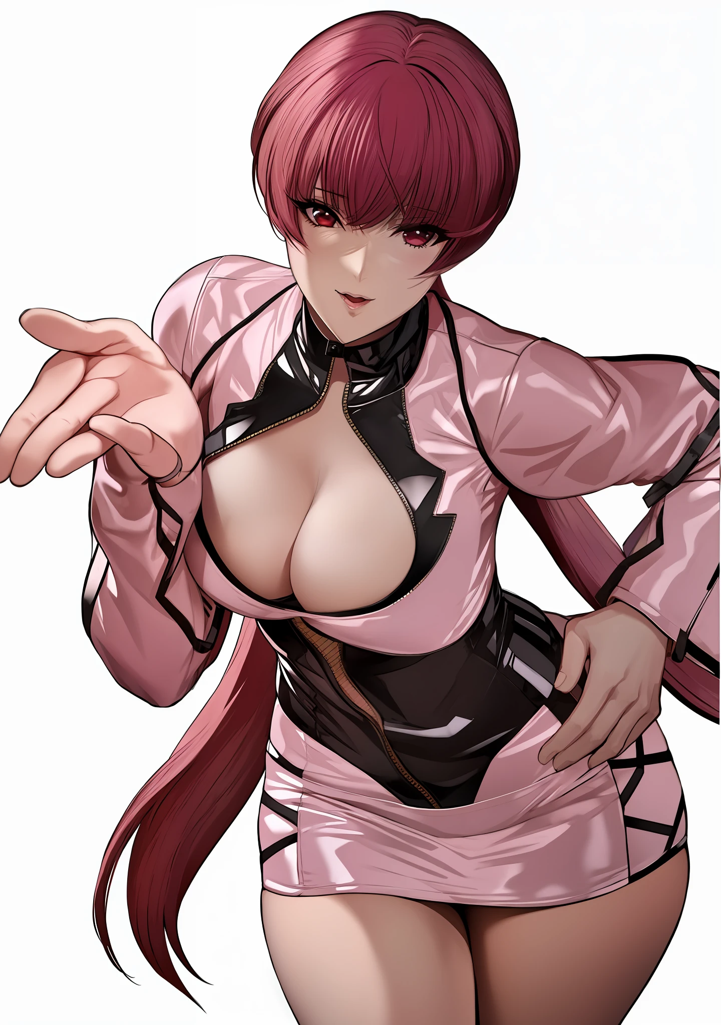 anime - latex style woman posing with her hands on her hips, king of fighters, king of character fighters, juri misaki, max masuimi, pretty girl, yayoi kasuma, fighting game character, render photorealistic anime girl, cyberpunk oppai, seductive anime girl, Shermie,((left hand with palm up)),perfect hand((hand with 5 fingers)),realistic hand 5 fingers