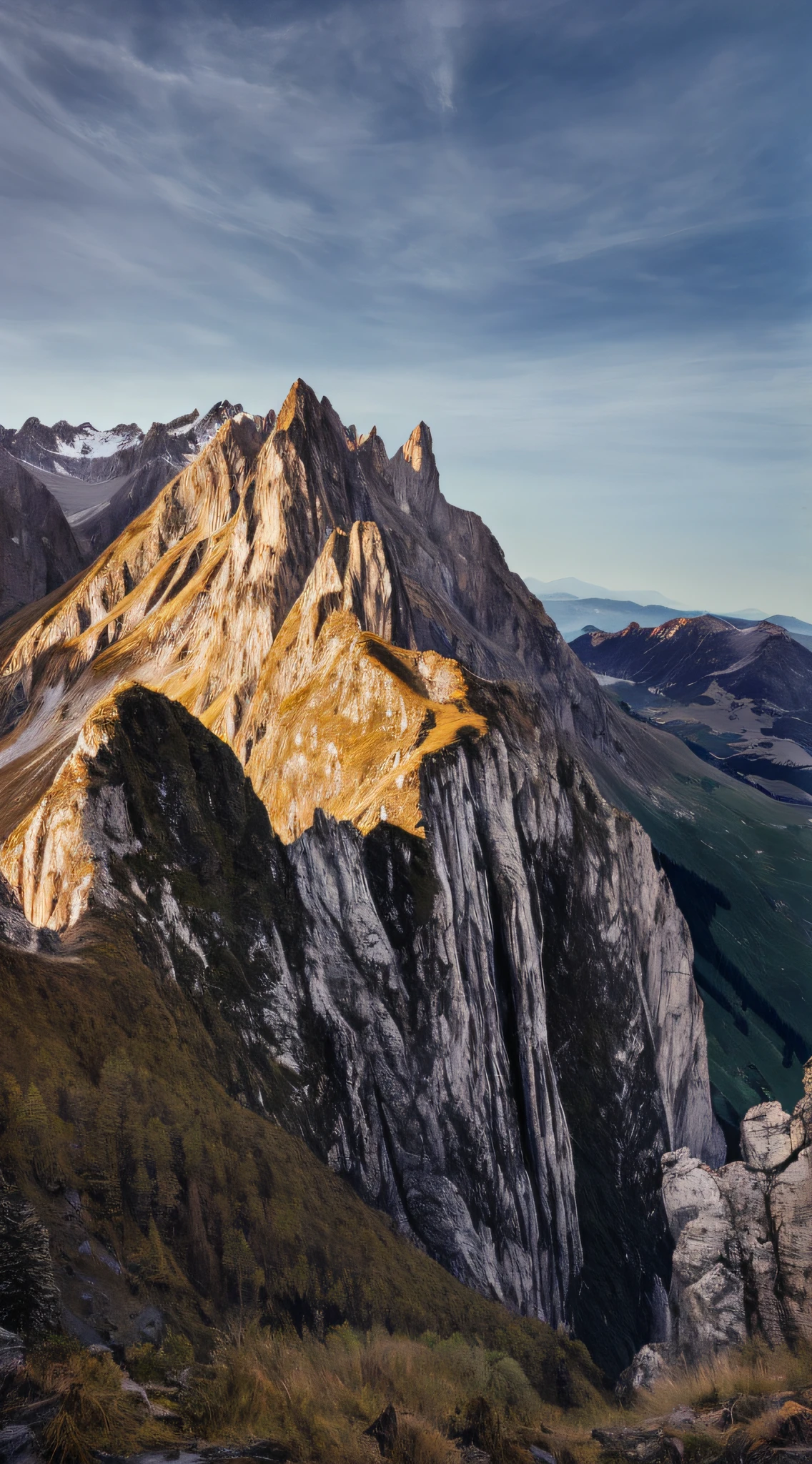 there is a mountain with a road going up it, “ aerial view of a mountain, alpes, swiss alps, giant imposing mountain, cut into the side of a mountain, breathtaking mountains, dramatic mountain background, in the swiss alps, by Karl Stauffer-Bern, spectacular mountains, last light on mountain top, high quality desktop wallpaper, by Franz Hegi