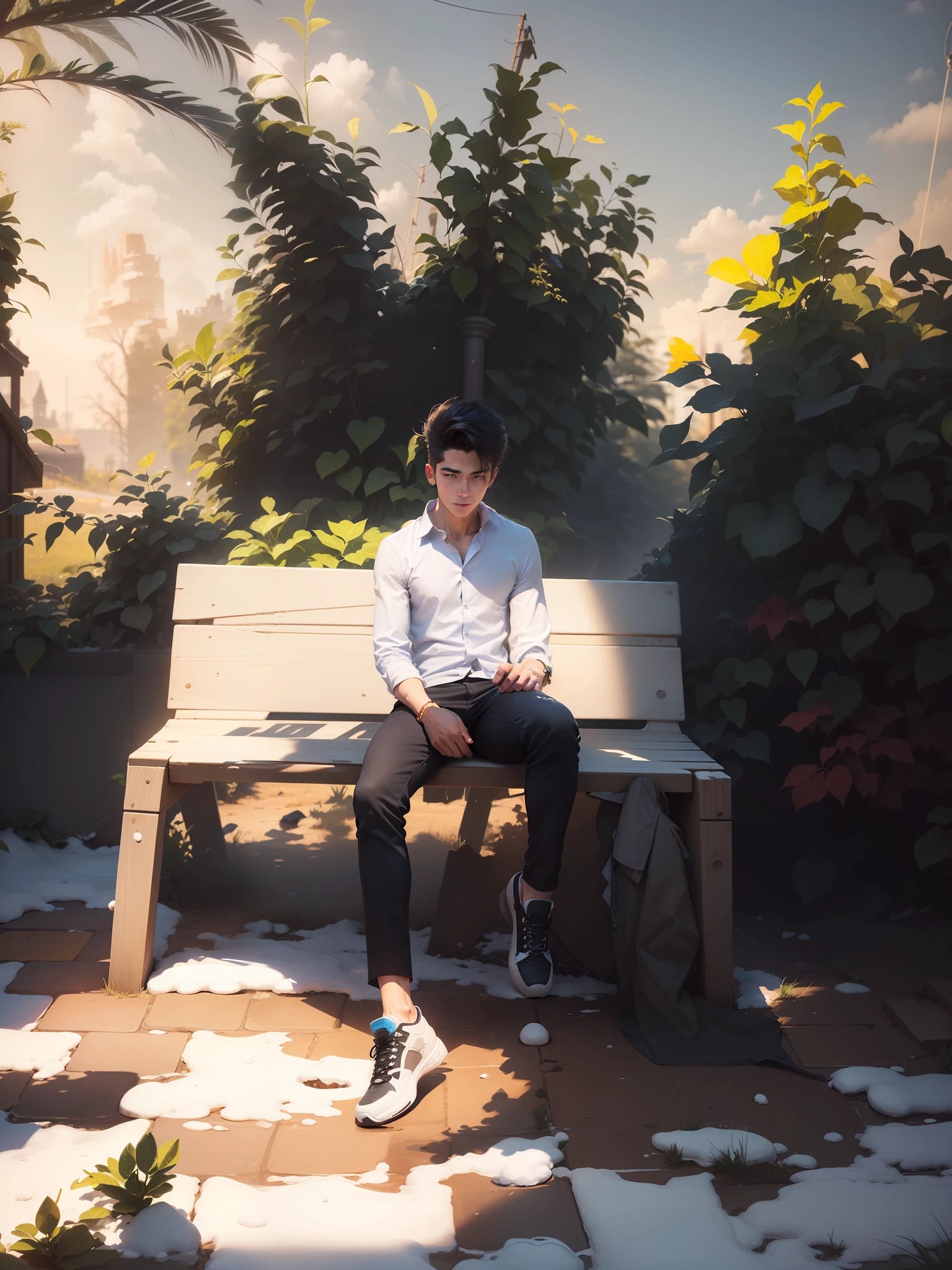 (A handsome boy look front of me)Fix the shadows and lightning, (change the color of shirt in white) add the snow in background ( and don't change the face and create cool hairstyle) cg face (8k realistic skin ) clear face without any change ( change the color of shoes in white with same style for both shoe )
