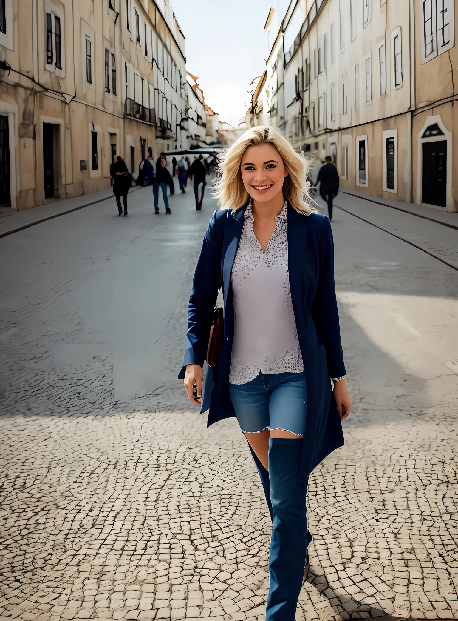 A blonde woman in casual clothing landing for photo, Lisbon Portugal.