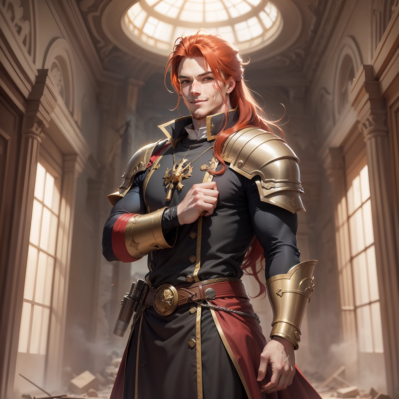 Realistic image of a strong, tall, red-haired man with mullets, dressed in black cleric's costumes with shoulder pads, anime character style art, burn marks, confident smile, combat posture, hallway of a palace with rubble on the floor