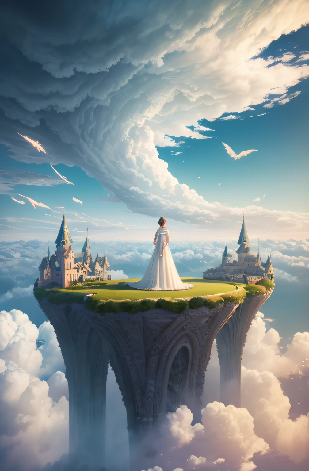 Arad woman in white dress standing on a cliff, In the background is a castle, flying cloud castle, Floating city on the clouds, Castle in the clouds, Castle in the clouds, in the white clouds fairyland, palace floating in the sky, breathtaking fantasy art, in the white clouds fairyland, she is approaching heaven, digital art fantasy, Floating city in the sky, Surrealism, high detail, rococo style, chiaroscuro, cinematic lighting, sparkle, f/4.0, 85mm, Hasselblad, Sony FE GM, Surrealism, rococo style, chiaroscuro, cinematic lighting, god rays, wide shot, panorama, f/16, 135mm, Fujifilm, Hasselblad, Sony FE GM, UHD, retina, masterpiece, ccurate, anatomically correct, super detail, high details, high quality, highres, best quality, award winning, 8k, UHD, retina, masterpiece, ccurate, textured skin, anatomically correct, high quality, highres, best quality, high details, super detail, award winning, 8k --auto