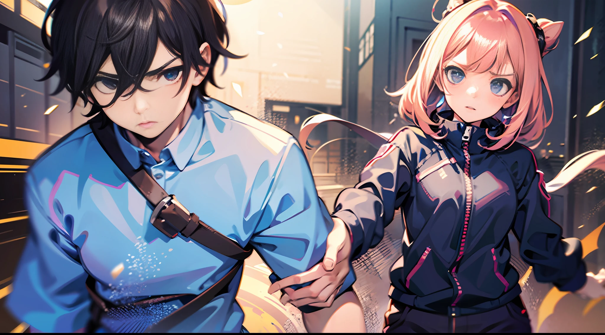 The girl stood in front of the boy to block the attack, her expression serious