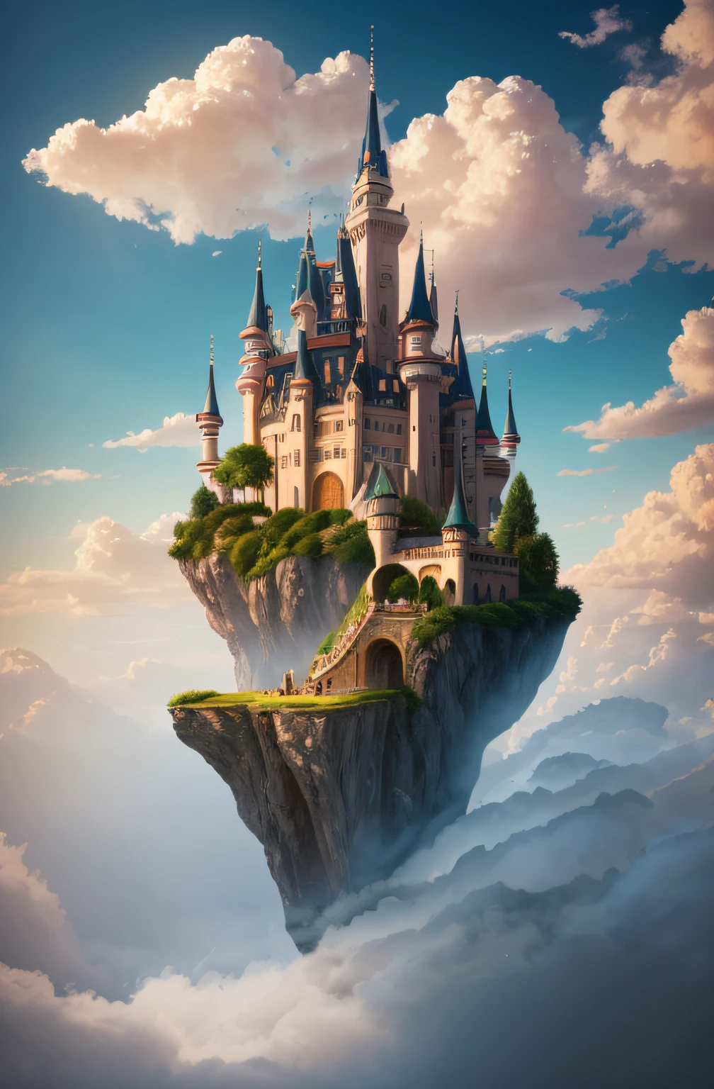 Arad woman in white dress standing on a cliff, In the background is a castle, flying cloud castle, Floating city on the clouds, Castle in the clouds, Castle in the clouds, in the white clouds fairyland, palace floating in the sky, breathtaking fantasy art, in the white clouds fairyland, she is approaching heaven, digital art fantasy, Floating city in the sky, Surrealism, high detail, rococo style, chiaroscuro, cinematic lighting, sparkle, f/4.0, 85mm, Hasselblad, Sony FE GM, Surrealism, rococo style, chiaroscuro, cinematic lighting, god rays, wide shot, panorama, f/16, 135mm, Fujifilm, Hasselblad, Sony FE GM, UHD, retina, masterpiece, ccurate, anatomically correct, super detail, high details, high quality, highres, best quality, award winning, 8k, UHD, retina, masterpiece, ccurate, textured skin, anatomically correct, high quality, highres, best quality, high details, super detail, award winning, 8k --auto