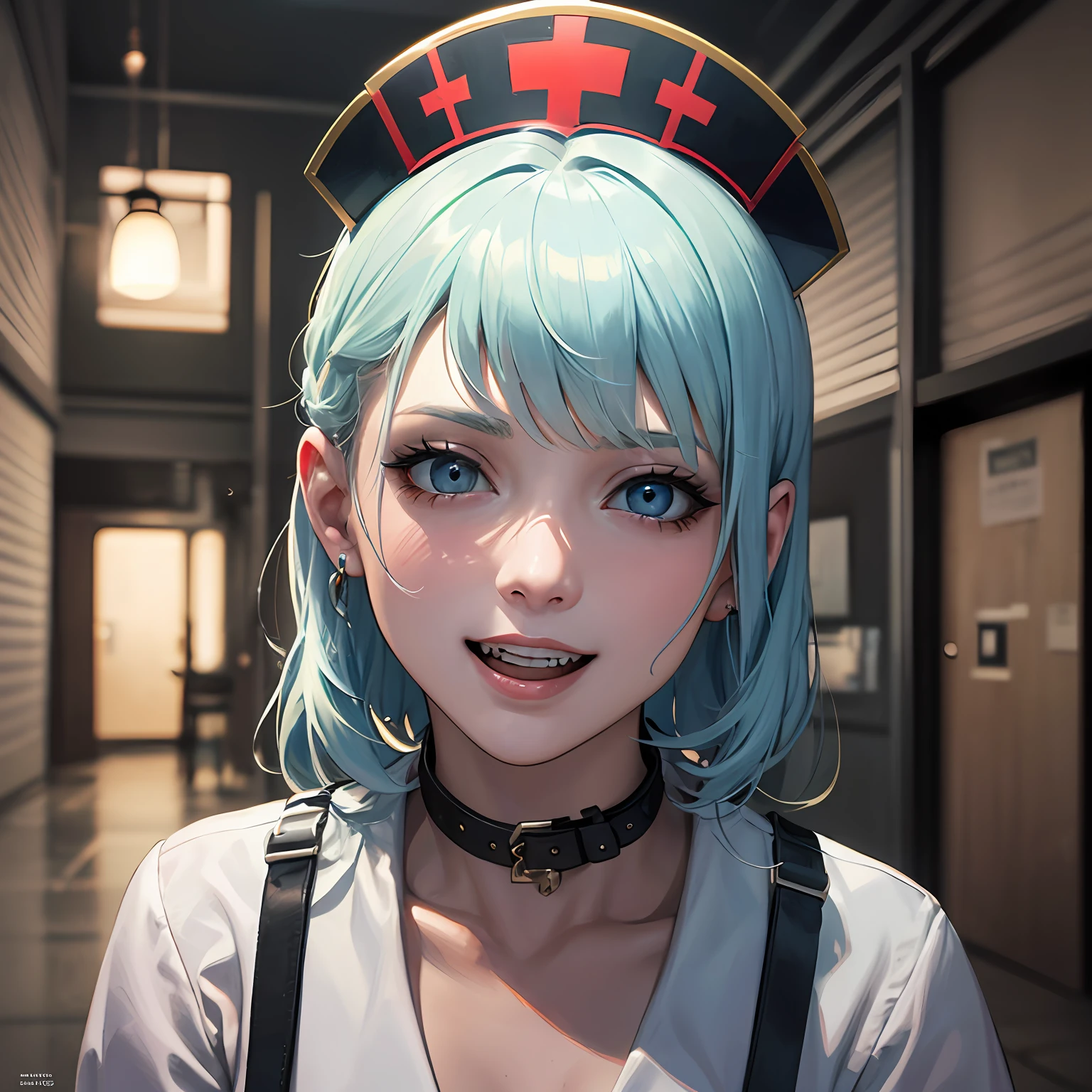 (artwork illustration luminosity desinger:1.2), (best artist illustrator painter:1.2), (1girl), solo, laughing manically, wearing nurse's clothes, macabre smile, bloody lips, bloody clothes, horror movie set of a macabre hospital, gothic cinematic lighting of Paramount studios, Wit, giving a claustrophobic air, in a hostile and dark place--Niji:5--dark hostile lighting--Paramount Studios--studio wit--Graphic perfection. --s2