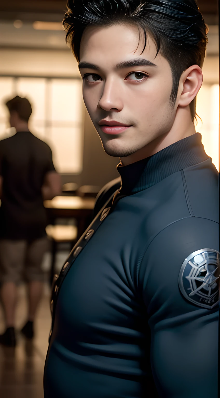 blue hair handsome muscular man who looks like Chris Redfield of Resident Evil, mischievous smile, (small details: 1 in 1), natural muscles, higher quality, beautiful eye, (Detailed face and eyes), (face、: 1 of 2), noise, real pictures、... ...PSD, Sharp Focus, High Resolution 8k, Real & Professional Photography, 8K UHD, Soft Lighting, High Quality, Film Grain, FUJIFILM XT3