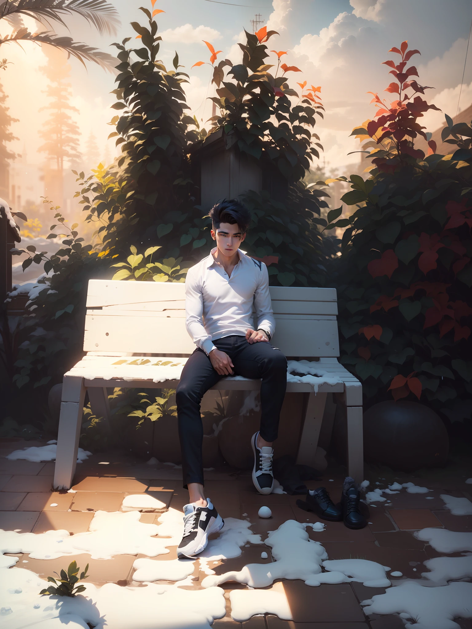 (A handsome boy look front of me)Fix the shadows and lightning, (change the color of shirt in white) add the snow in background ( and don't change the face and create cool hairstyle) cg face (8k realistic skin ) clear face without any change ( change the color of shoes in white with same style for both shoe )