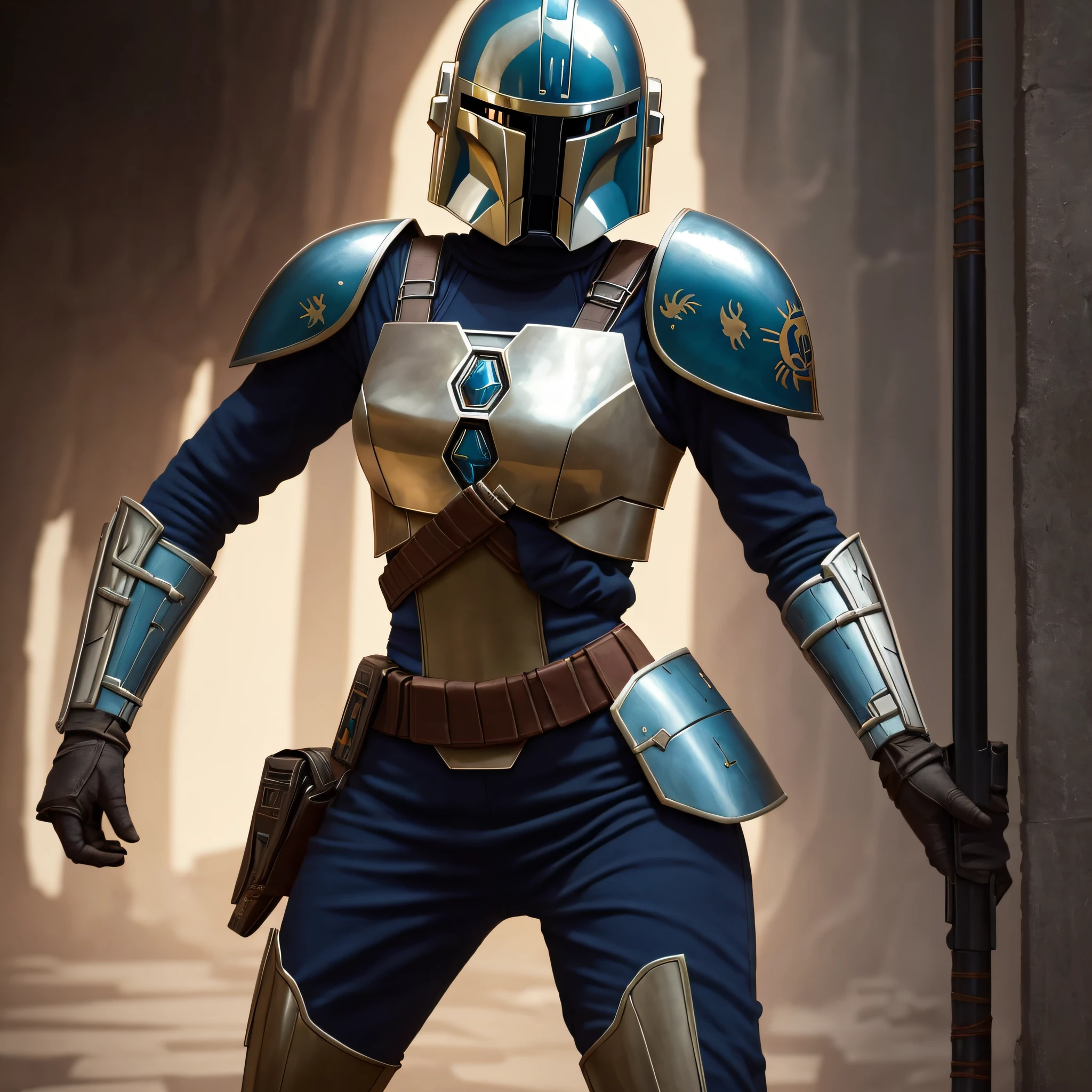 Capture the essence of Bo Katan, the fierce Mandalorian warrior, in an awe-inspiring full body portrait. This masterpiece will showcase her strength and determination. The image should be rendered in stunning high definition (HD) with hyperrealistic details, bringing out every intricate feature of her armor and facial expression. Let the resolution be a staggering 8K, ensuring the utmost clarity and lifelike representation. Pay careful attention to lighting and shadows, creating a dramatic atmosphere that accentuates her presence. This portrait should befit the walls of a gallery, showcasing Bo Katan as the epitome of Mandalorian might. --auto