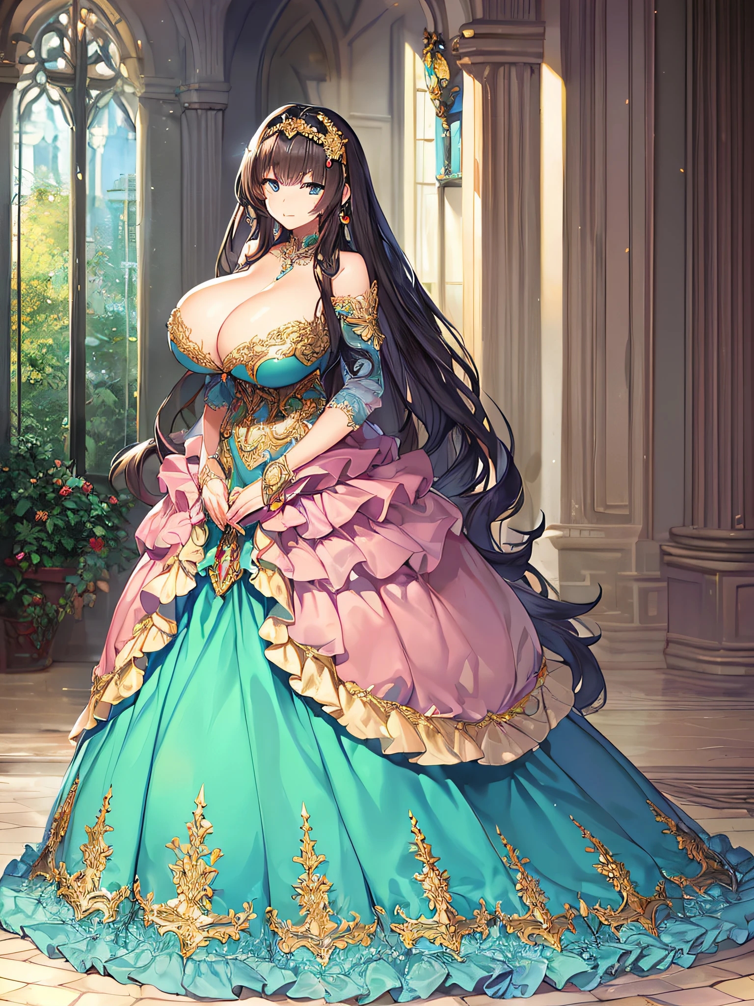 ((anime moe artstyle)),(Masterpiece),(Best Quality), (Super Detail),Illustration,((Very Delicate and Beautiful)),Focus on character,Dynamic Angle,Looking at viewer,((Solo)),standing,(((full body))),(((one gorgeous princess in ball gown with voluminous skirt))),detailed face and eyes,jewel-like eyes,((Very Long voluminous Hair)),gorgeous embroidery and lace,See-through,ornate ruffles,Gorgeous jewelry ornaments,(gigantic breasts,Long breasts),((gorgeous ball gown with voluminous skirt)),full body