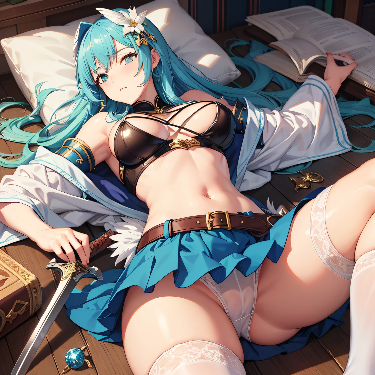 Anime style. Girl. A world of swords and sorcery. Angel. White underwear. Feathered. Miniskirt. Big tits. Mansomi. Enraptured. Lying down and opening his crotch.