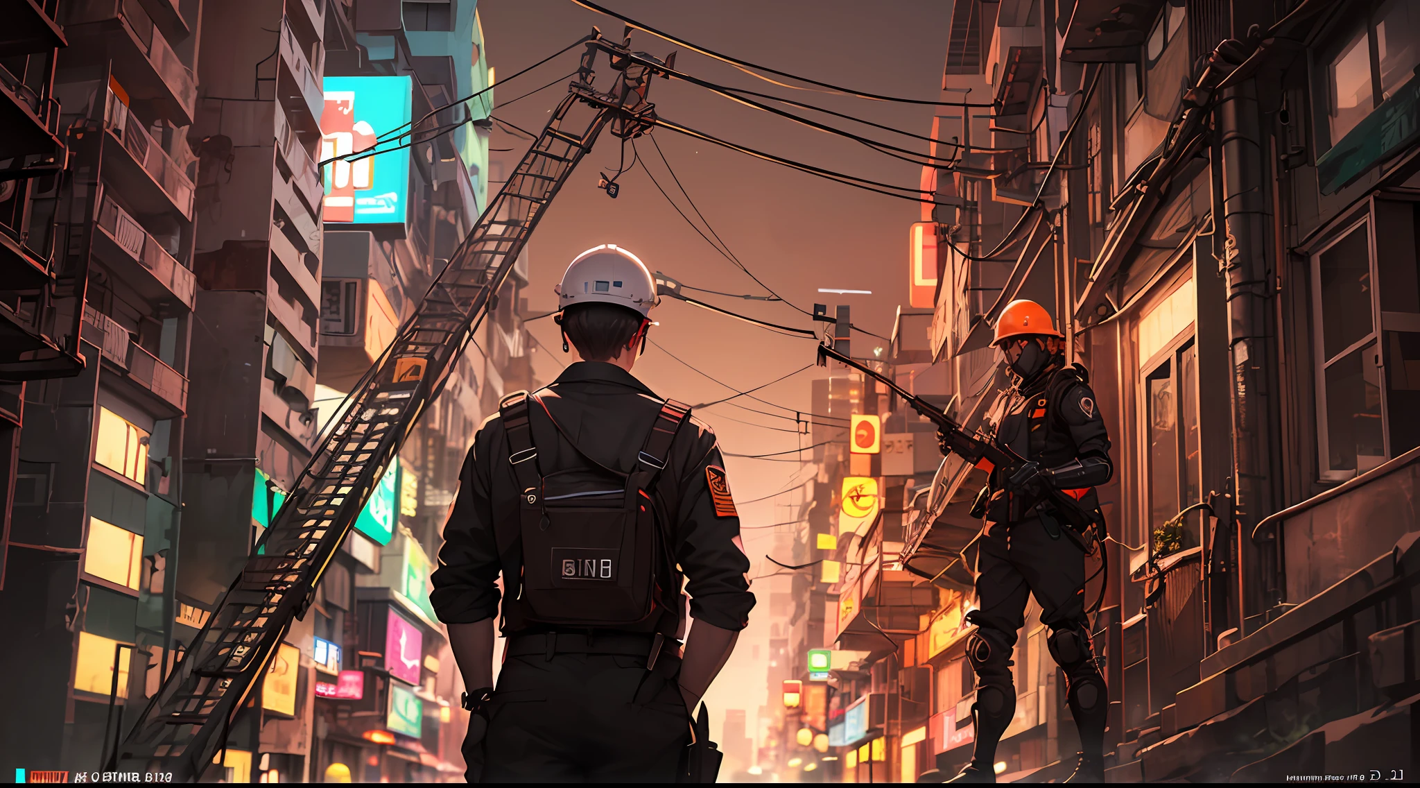 worker watches from a distance while other workers install optical fibers for an internet provider,((cyborgs:1.0)), uniform ((dark red)), red details, the environment is very technological, the year is 2060, (extremely detailed: 1.2), (intricate neon slums in the background:1.1), hyper-detailed, (soft lighting: 1.2), high resolution