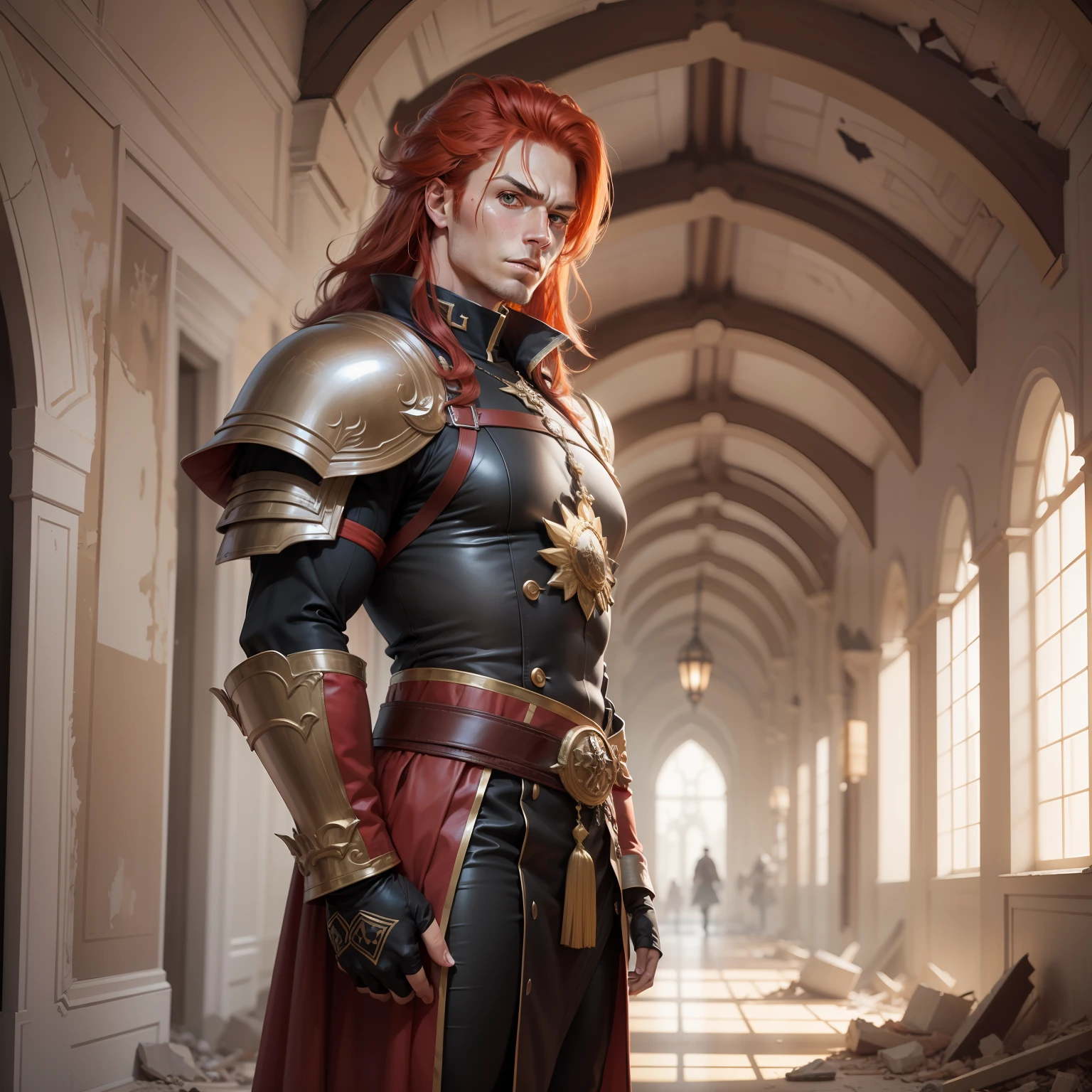Realistic image of a strong, tall, red-haired man with mullets, dressed in black cleric's costumes with shoulder pads, anime character style art, fighter's posture, burn marks on his skin, confident expression, hallway of a palace with rubble on the floor