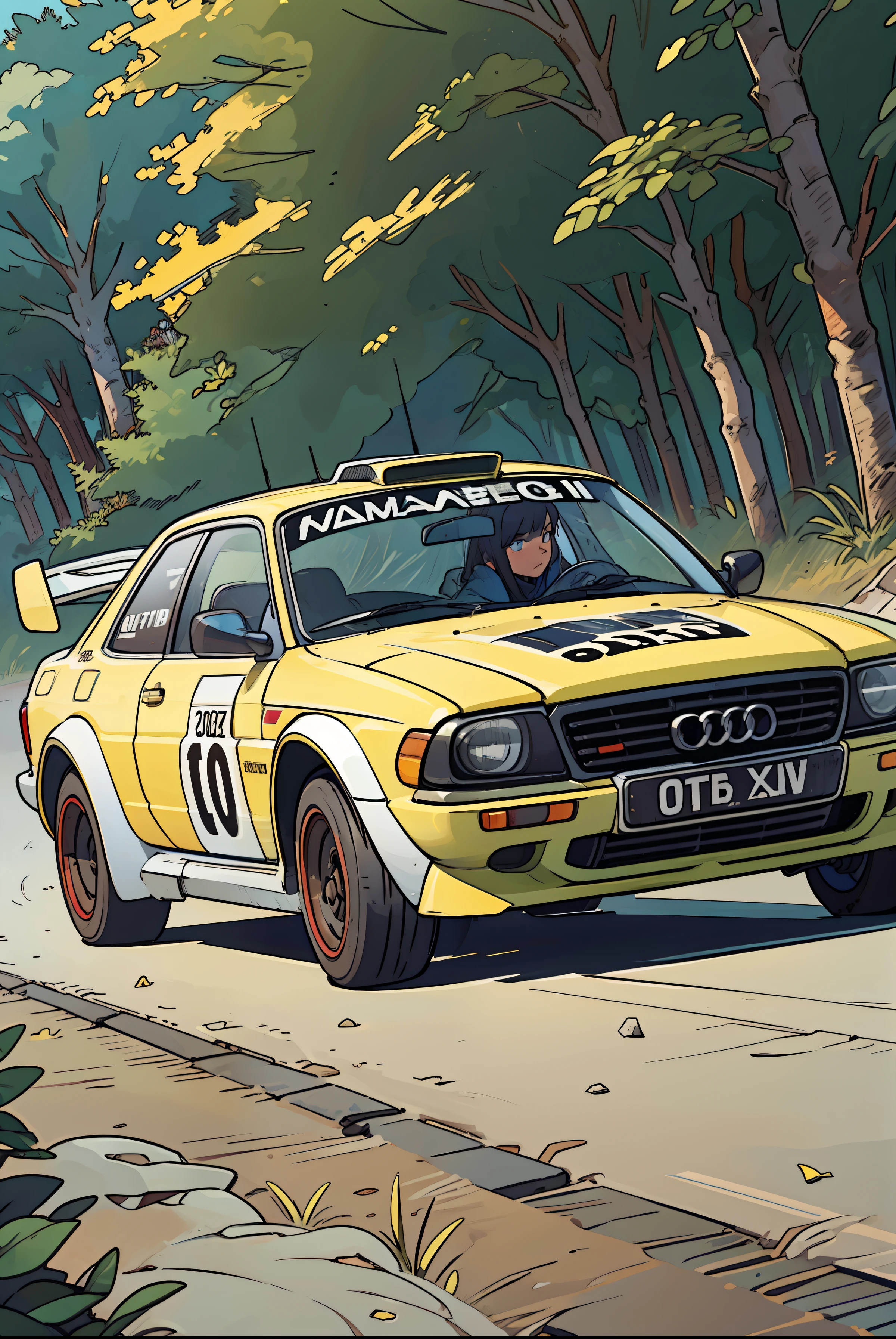 Tomboy girl leaning against audi quattro group b rally car, group B, Audi Quattro, leaning against group B audi quattro rally car boxy yellow