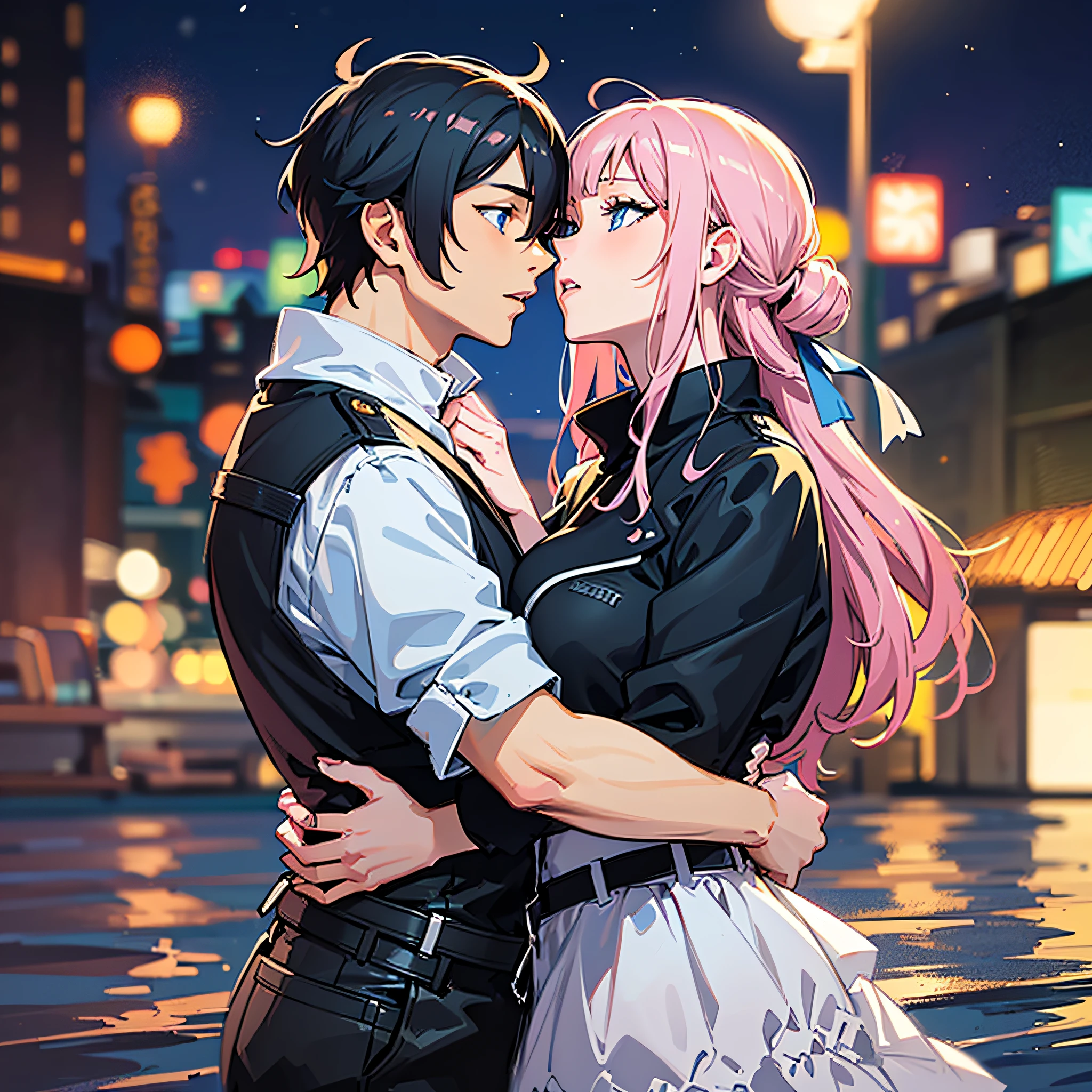 (woman with pink hair, bright light blue eyes)+(man with black hair and bright dark blue eyes)+(anime style Ilya Kuvshinov:1.2)+(Straight couple kisses passionately on the beach at night)