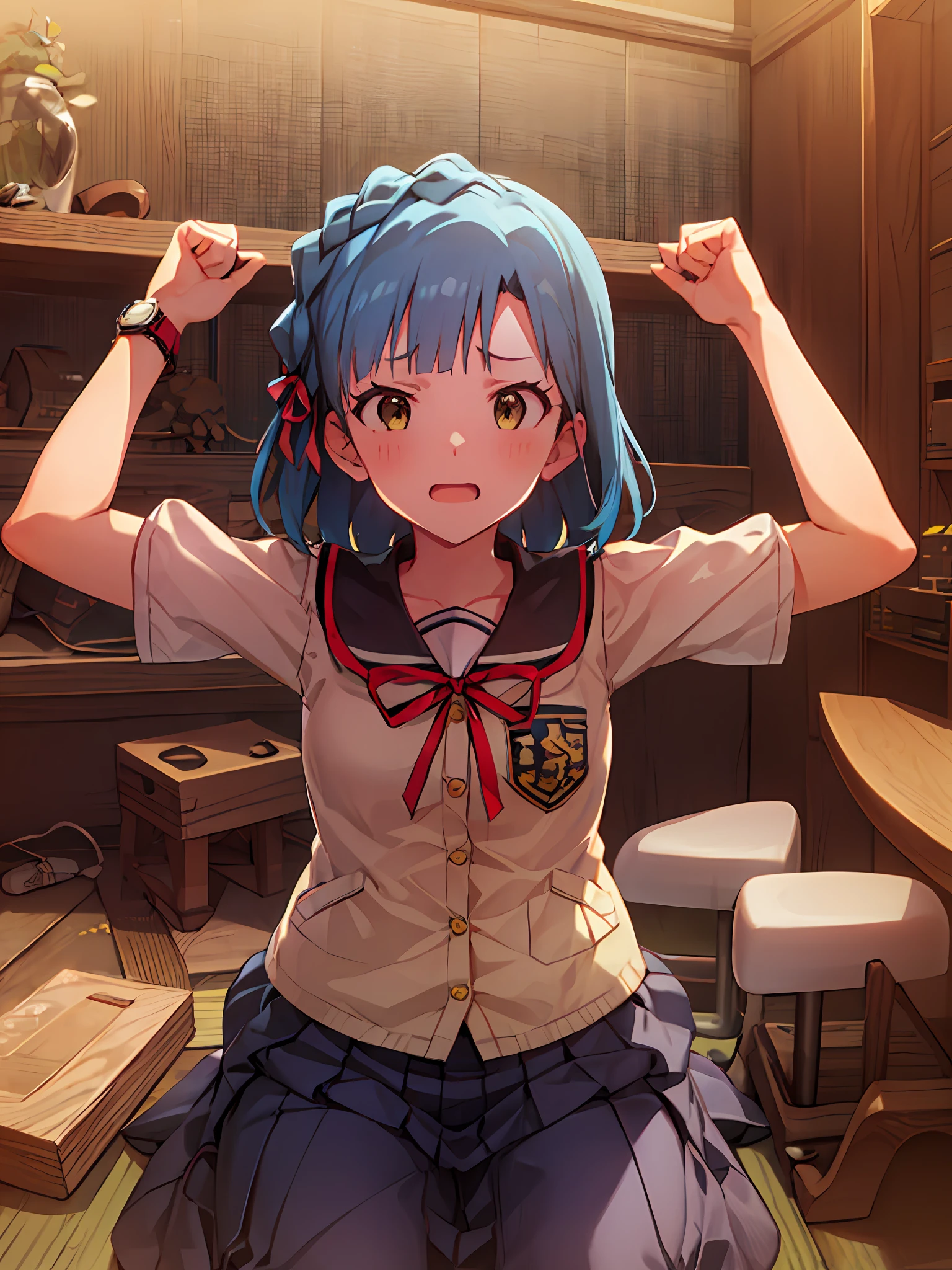 Yuriko Nanao (Million Live), (Top Quality, 8K, Masterpiece, Super Detail: 1.2), Cinematic Angle, Wide Shot, 1 Girl, Solo, Skirt, Watch Audience, Sailor Color, Pleated Skirt, Short Sleeves, School Uniform, Blush, Serafuk, Clavicle, Ribbon, Upper Body, Adjusted Hair, Wind, Floating Hair, Spread Your Arms. ((((Despair Face)))).Night.Fists.Sit.Small Breasts. ((Eyes without highlights)).Open your mouth. (((helplessness))).