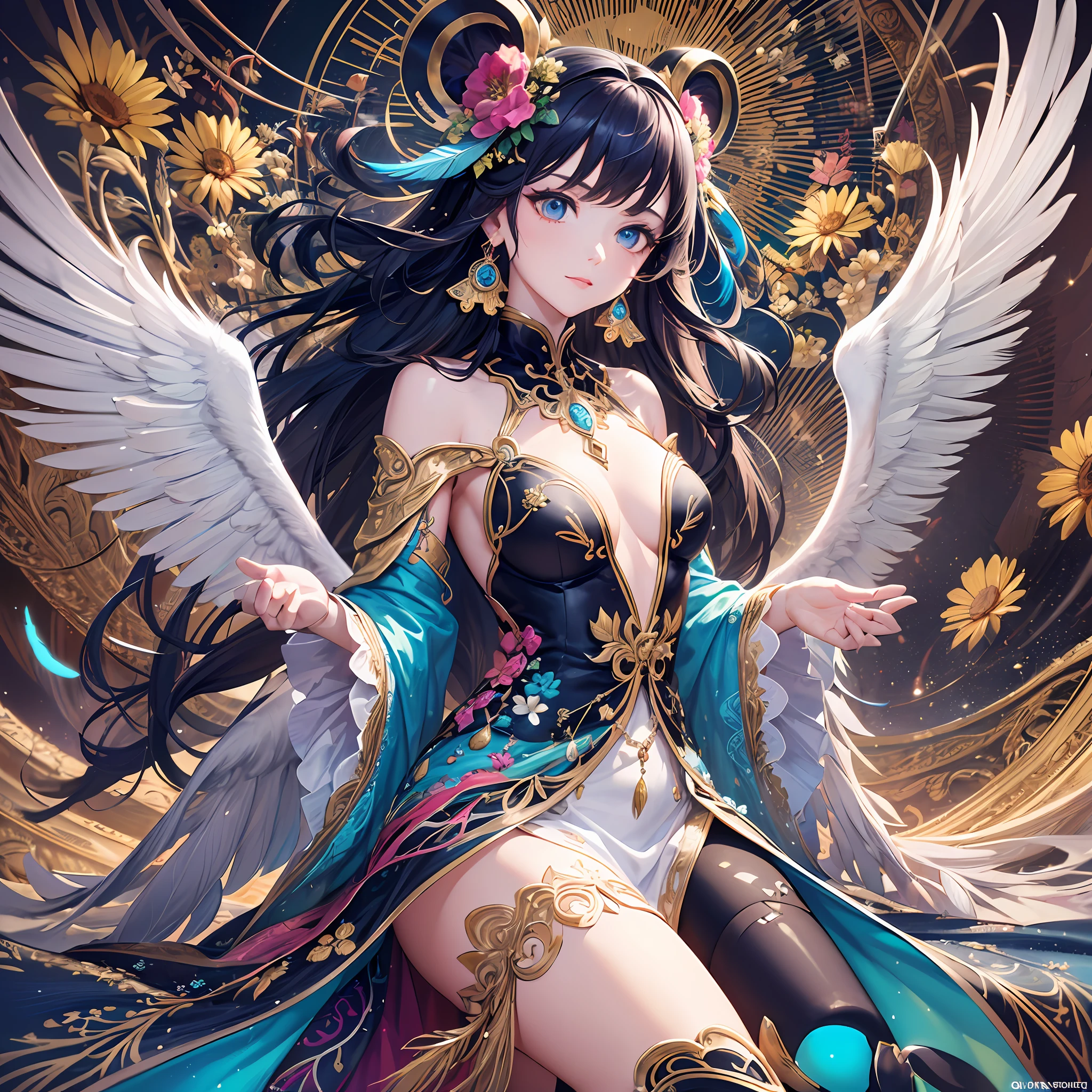 (Masterpiece, Top Quality, Top Quality, Official Art, Beautiful and Aesthetic: 1.2), (1 Girl: 1.3), White and Blue, Very Detailed, (Fractal Art: 1.1), (Colorful: 1.1) (Flower: 1.3), Supreme Detail, (Zentangle: 1.2), (Dynamic Pose), (Abstract Background: 1.3), (Shiny Skin), (Many Colors: 1.4), (Earrings), (Feathers: 1.5), ( Wind: 1.3), emerald, long hair, enveloped in light, detailed background, phoenix dress, panda ears, blue flowers, vivid eyes