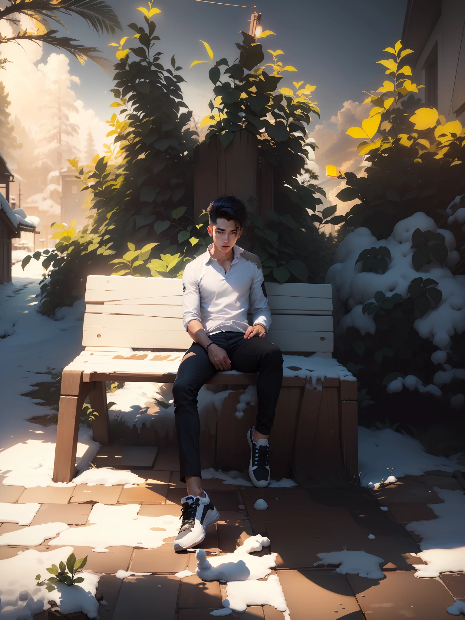 (A handsome boy look front of me)Fix the shadows and lightning, (change the color of shirt in white) add the snow in background ( and don't change the face and create cool hairstyle) cg face (8k realistic skin ) clear face without any change ( change the color of shoes in white with same style for both shoe )
