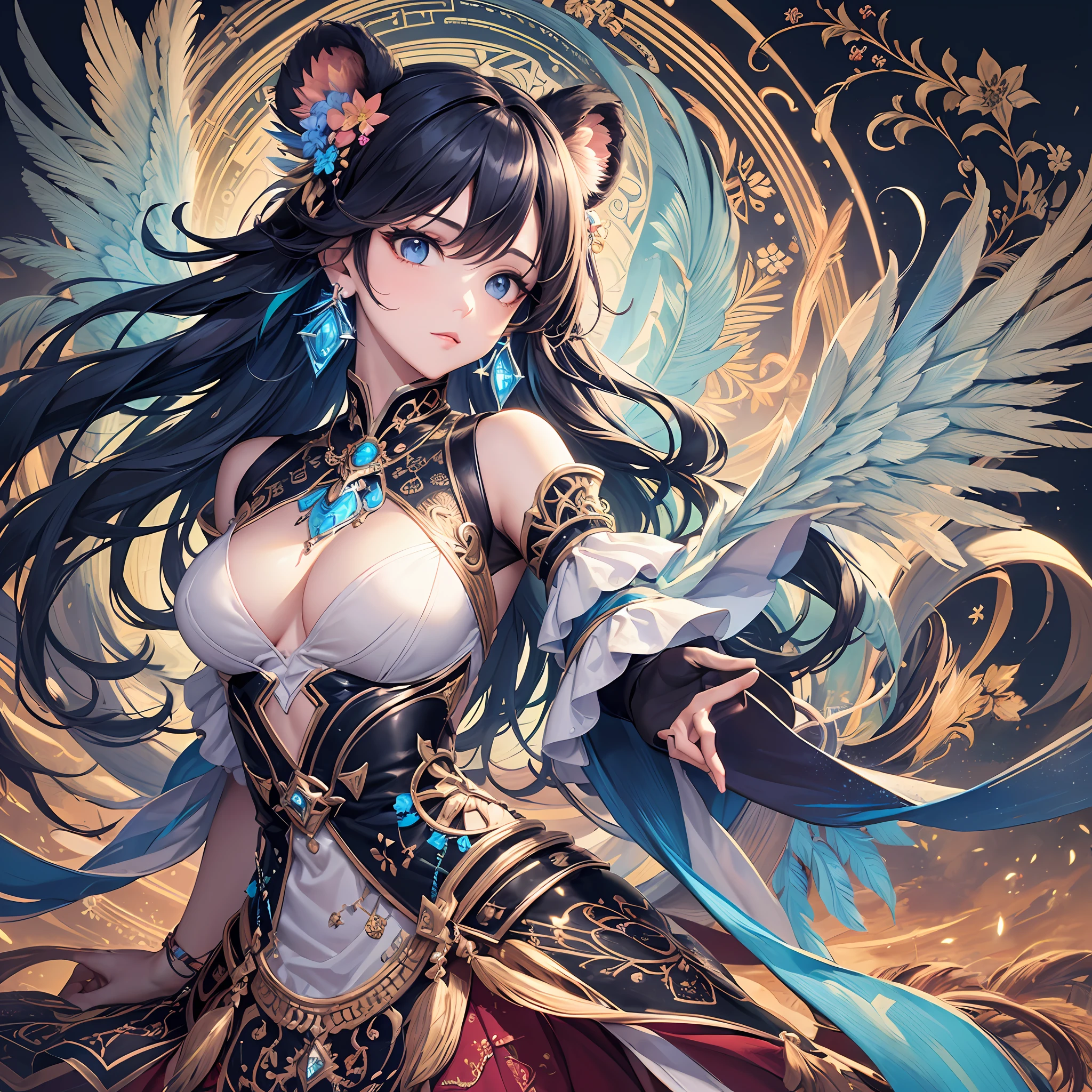 (Masterpiece, Top Quality, Top Quality, Official Art, Beautiful and Aesthetic: 1.2), (1 Girl: 1.3), White and Blue, Very Detailed, (Fractal Art: 1.1), (Colorful: 1.1) (Flower: 1.3), Supreme Detail, (Zentangle: 1.2), (Dynamic Pose), (Abstract Background: 1.3), (Shiny Skin), (Many Colors: 1.4), (Earrings), (Feathers: 1.5), ( Wind: 1.3), emerald, long hair, enveloped in light, detailed background, phoenix dress, panda ears, blue flowers, vivid eyes