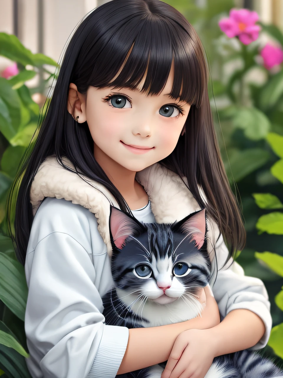 an 8-year-old Caucasian skin-colored girl with long straight black hair and bangs, with hazelnut eyes, smiling with a realistic hue, wearing a fluffy white jacket and holding a cute gray kitten in her lap, in a small house surrounded by a beautiful garden