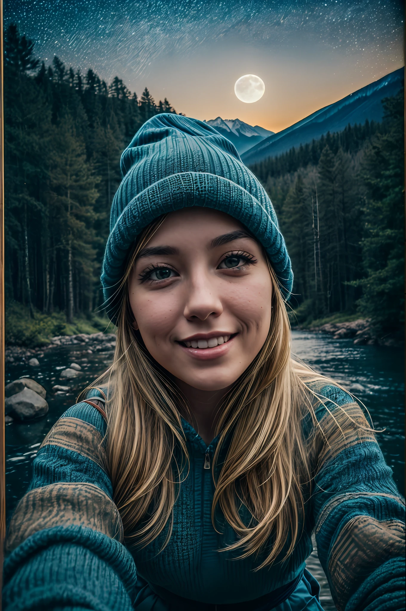 VeronicaCipher ((upper body selfie, happy)), masterpiece, best quality, ultra-detailed, solo, outdoors, (night), mountains, nature, (stars, moon) cheerful, happy, backpack, sleeping bag, camping stove, water bottle, mountain boots, gloves, sweater, hat, flashlight, forest, rocks, river, wood, smoke, shadows, contrast, clear sky, analog style (look at viewer:1.2) (skin texture) (film grain:1.3), (warm hue, warm tone) :1.2), close up, cinematic light, sidelighting, ultra high res, best shadow, RAW, upper body, , wearing pullover
kodak vision 3,