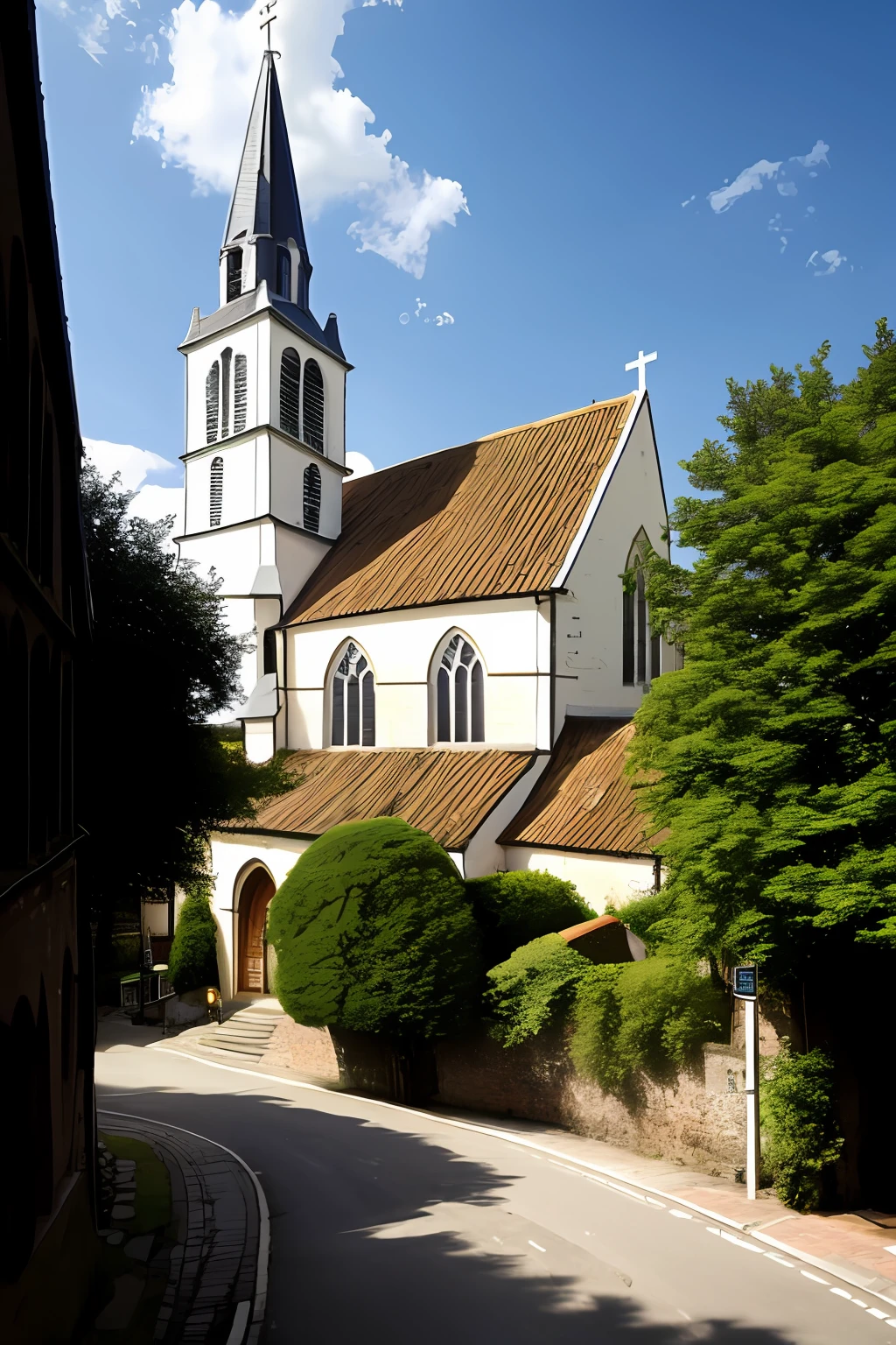 Create a frontal landscape of a small baroque church, on a small hill, where two streets pass, one on each side of the church, with the street on the left side being on a level below the other street.