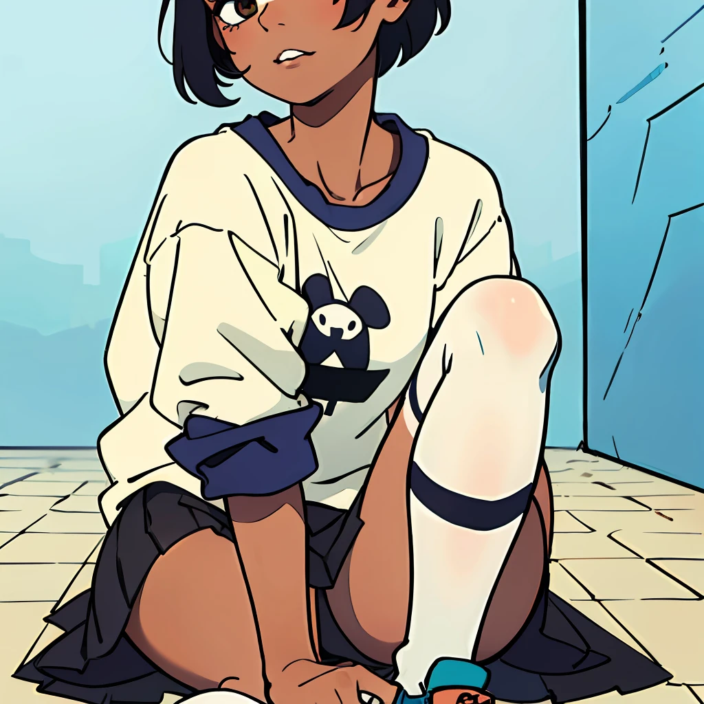 young girl sitting on the floor with her legs crossed, dark skinned, short hair, messy hair, she is wearing streetwear, wearing skirt, woman in streetwear, as fashion editorial 90s, comme des garcon campaign, striped socks, close-up on legs, ad image, e-girl, e - girl, wearing kneesocks, julia sarda