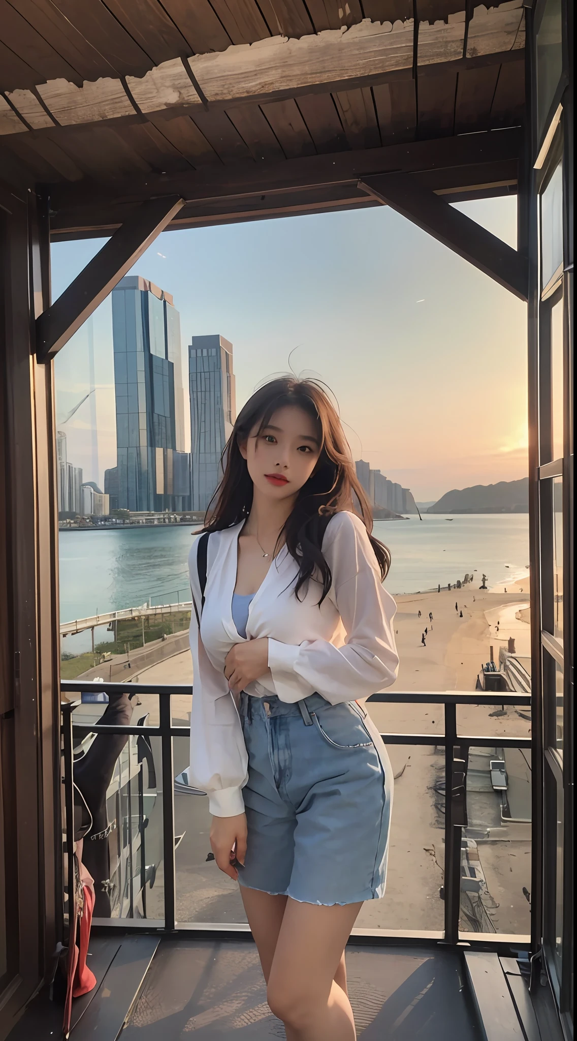 This description depicts a beautiful and tranquil seaside scene with a realistic sense of detail and color through 8K resolution. The girl's posture and expression show confidence and independence, and her beauty attracts everything. This painting makes people feel the touch of beauty and the charm of art, as if allowing the viewer to be in it, enjoying beauty and freedom.