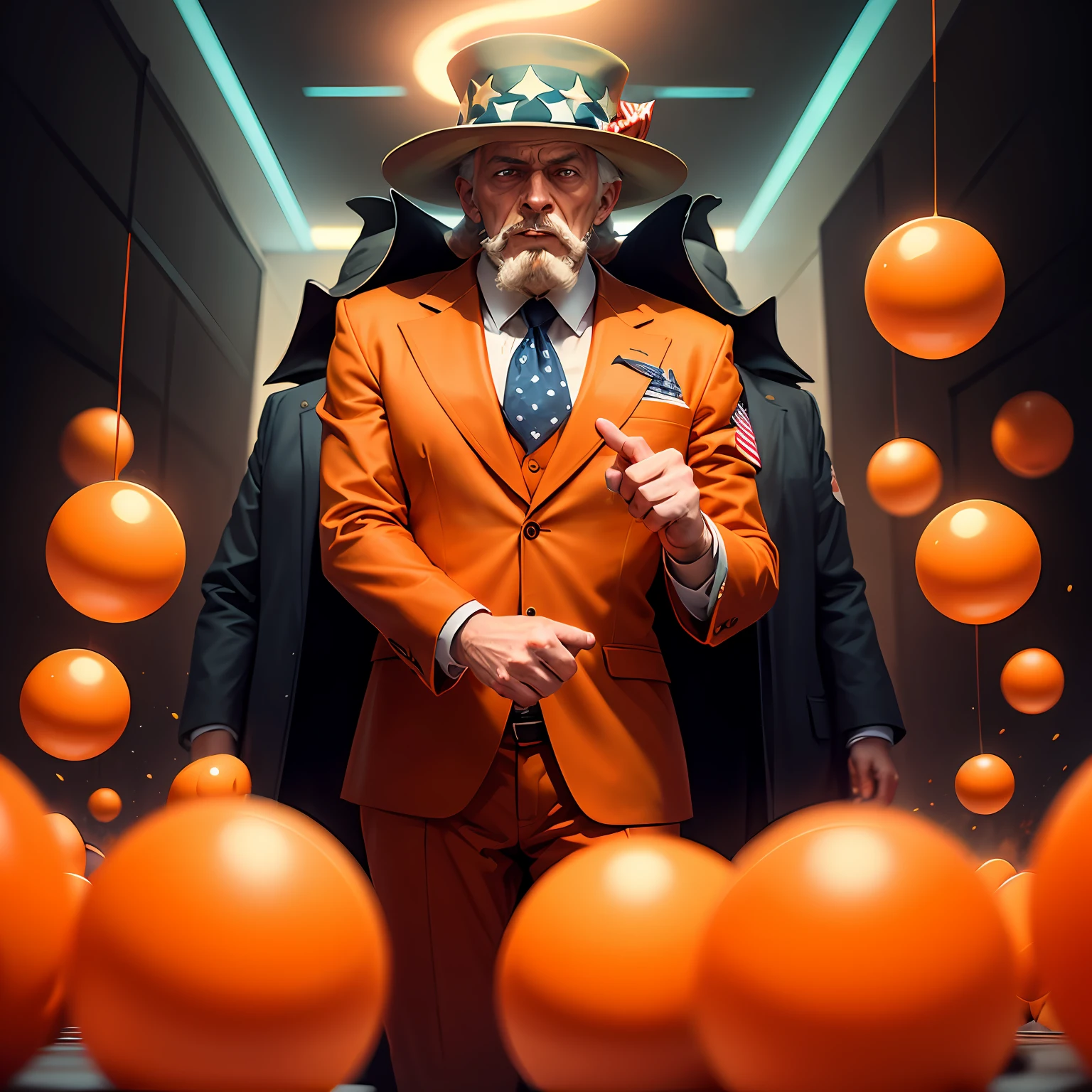 uncle Sam propaganda, Uncle sam convocation poster, uncle sam dressed in orange suit, orange balls fly around, orange balls in the air, orange balls around Uncle sam, poster art style. Very poster, thirds rule, pointing the finger, experiented, convicted, long goate --auto