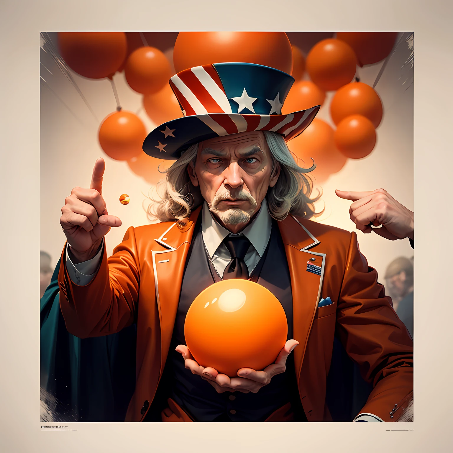 uncle Sam propaganda, Uncle sam convocation poster, uncle sam dressed in orange suit, orange balls fly around, orange balls in the air, orange balls around Uncle sam, poster art style. Very poster, thirds rule, pointing the finger, experiented, convicted, long goate --auto