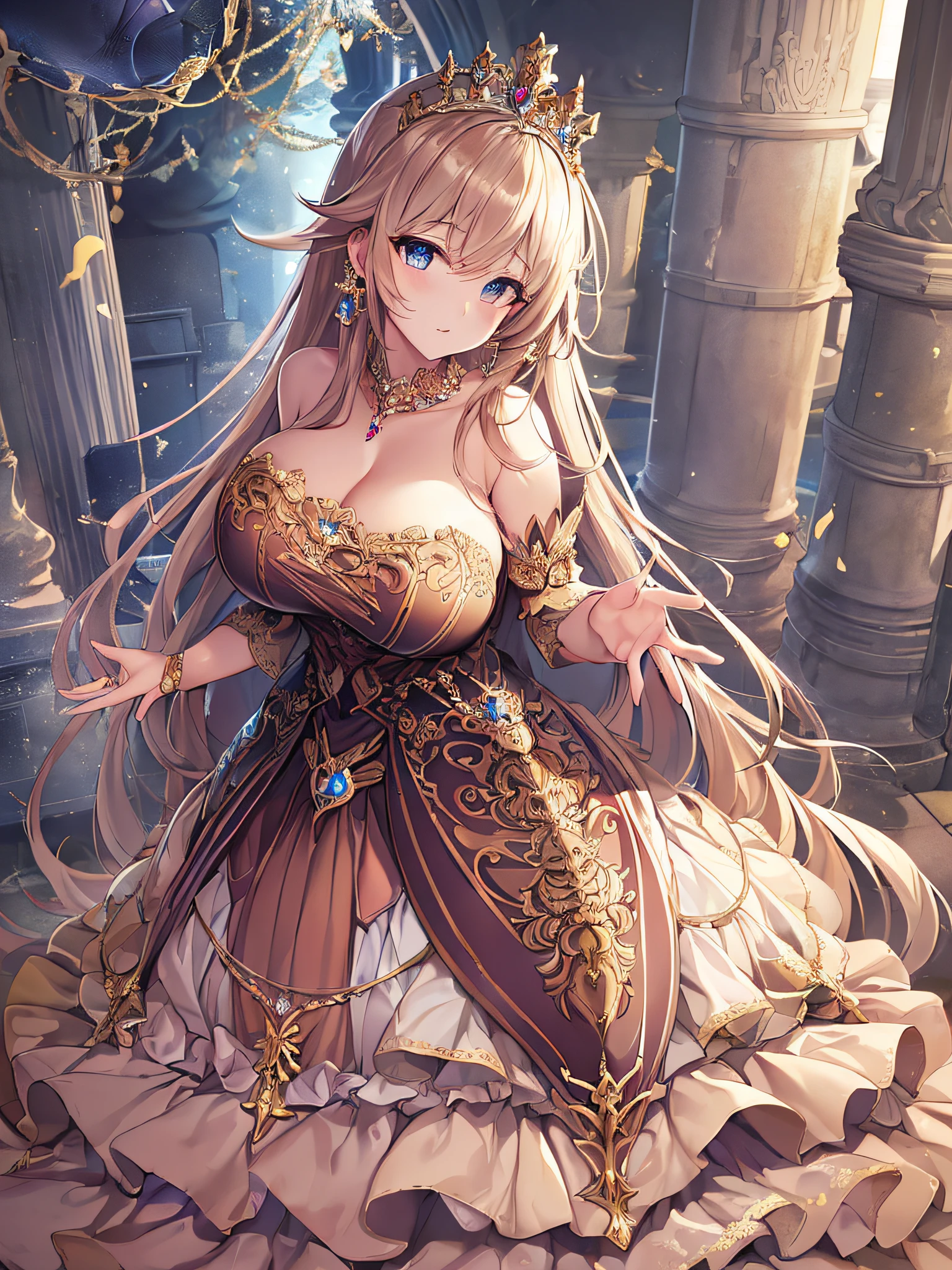 ((anime moe artstyle)),(Masterpiece),(Best Quality), (Super Detail),Illustration,((Very Delicate and Beautiful)),Focus on character,Dynamic Angle,Looking at viewer,((Solo)),standing,(((full body))),(((one royal princess in gorgeous ball gown with voluminous skirt))),detailed face and eyes,jewel-like eyes,((Very Long voluminous Hair)),gorgeous embroidery and lace,See-through,ornate ruffles,Gorgeous jewelry ornaments,(gigantic breasts,Long breasts),((gorgeous ball gown with voluminous skirt)),full body