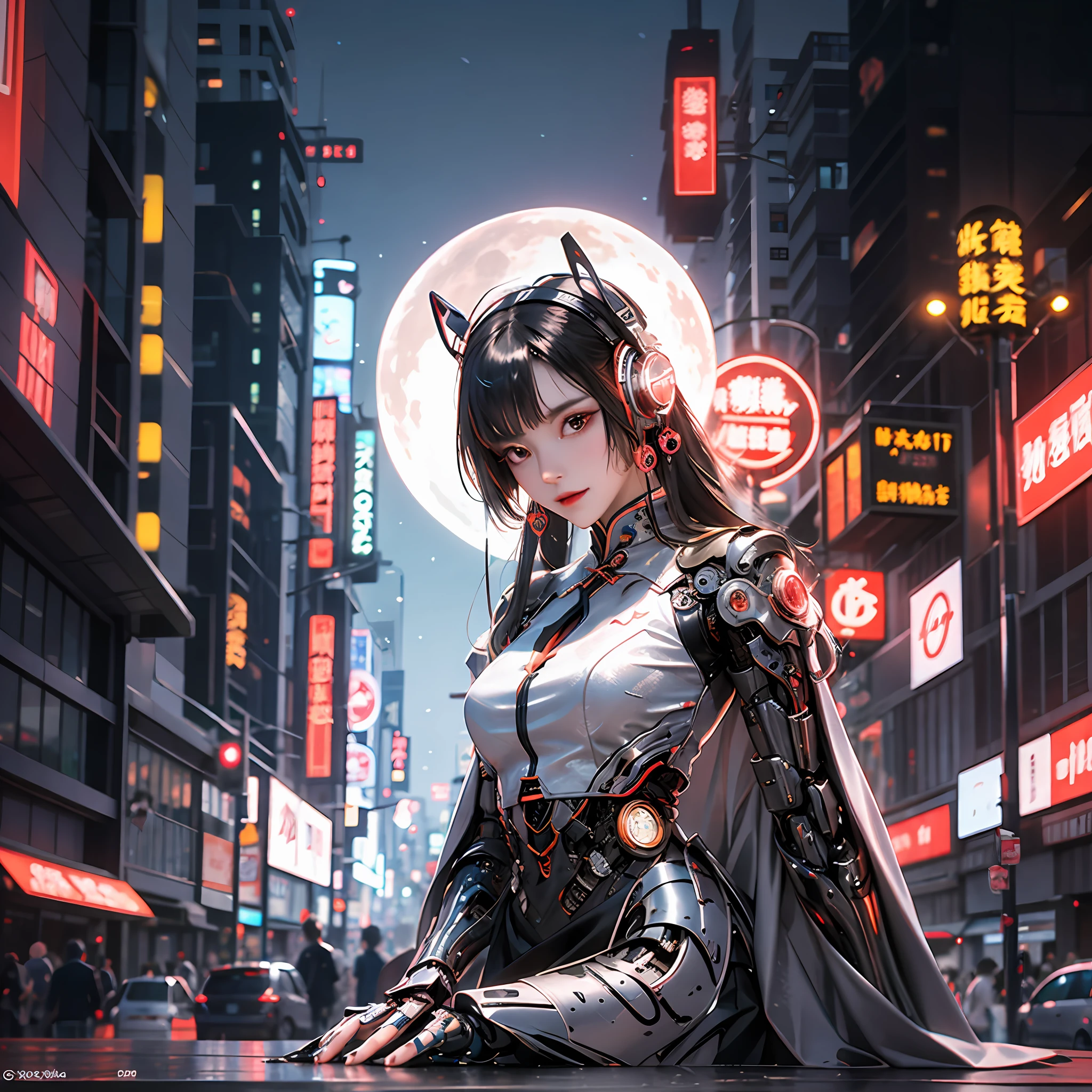 Chenglan bustling fireworks, top gathering of delicious foodies, spicy Shu fables, moon watching immersion, girls, Chinese_clothes, metallic black titanium and crimson, cyberhan clothing, cheongsam, cyberpunk city, dynamic pose, detailed luminous headphones, luminous hair accessories, long hair, luminous earrings, luminous necklace, cyberpunk, high-tech city, full of mechanical and futuristic elements, futurism, technology, glowing neon, red, red light, sexy skirt, translucent black cape, laser light, Digital background urban sky, big moon, with vehicle, best quality, masterpiece, 8K, character edge light, super high detail, high quality, the most beautiful woman in human beings, smile, face facing the front left and right symmetry, ear corner decoration, long antenna glow, beautiful pupils, light effects, visual data, silver-red-orange hair dyed hair, ultra-detailed facial texture, happy and proud, weapon system, crowded street passers-by, mecha style, wearing a glowing antenna on the head, deep eyes, girly sitting posture, cute squat