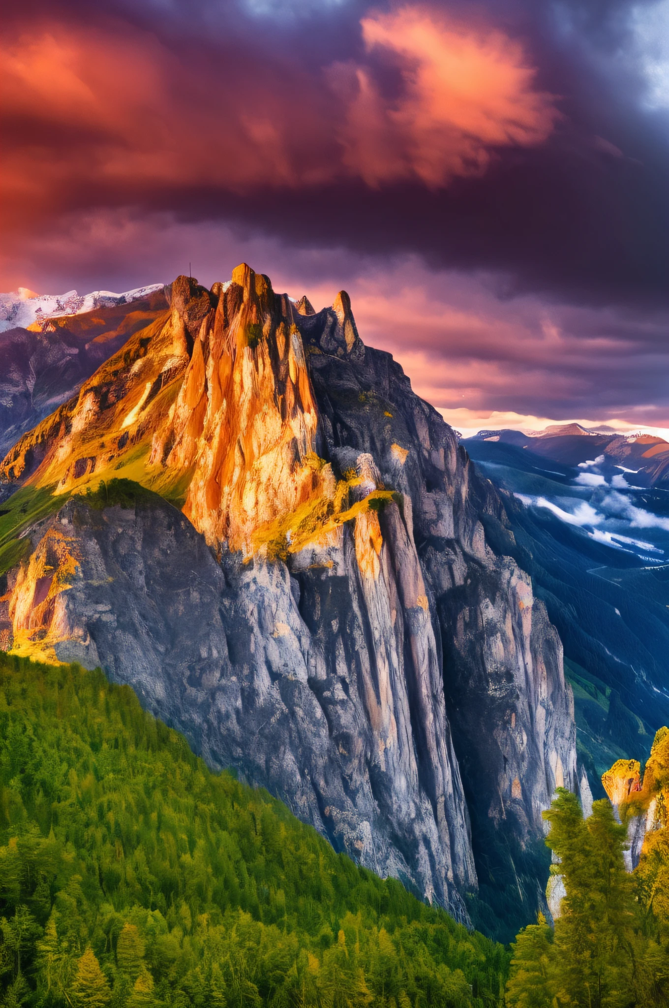 there is a mountain with a road going up it, “ aerial view of a mountain, alpes, swiss alps, giant imposing mountain, cut into the side of a mountain, breathtaking mountains, dramatic mountain background, in the swiss alps, by Karl Stauffer-Bern, spectacular mountains, last light on mountain top, high quality desktop wallpaper, by Franz Hegi