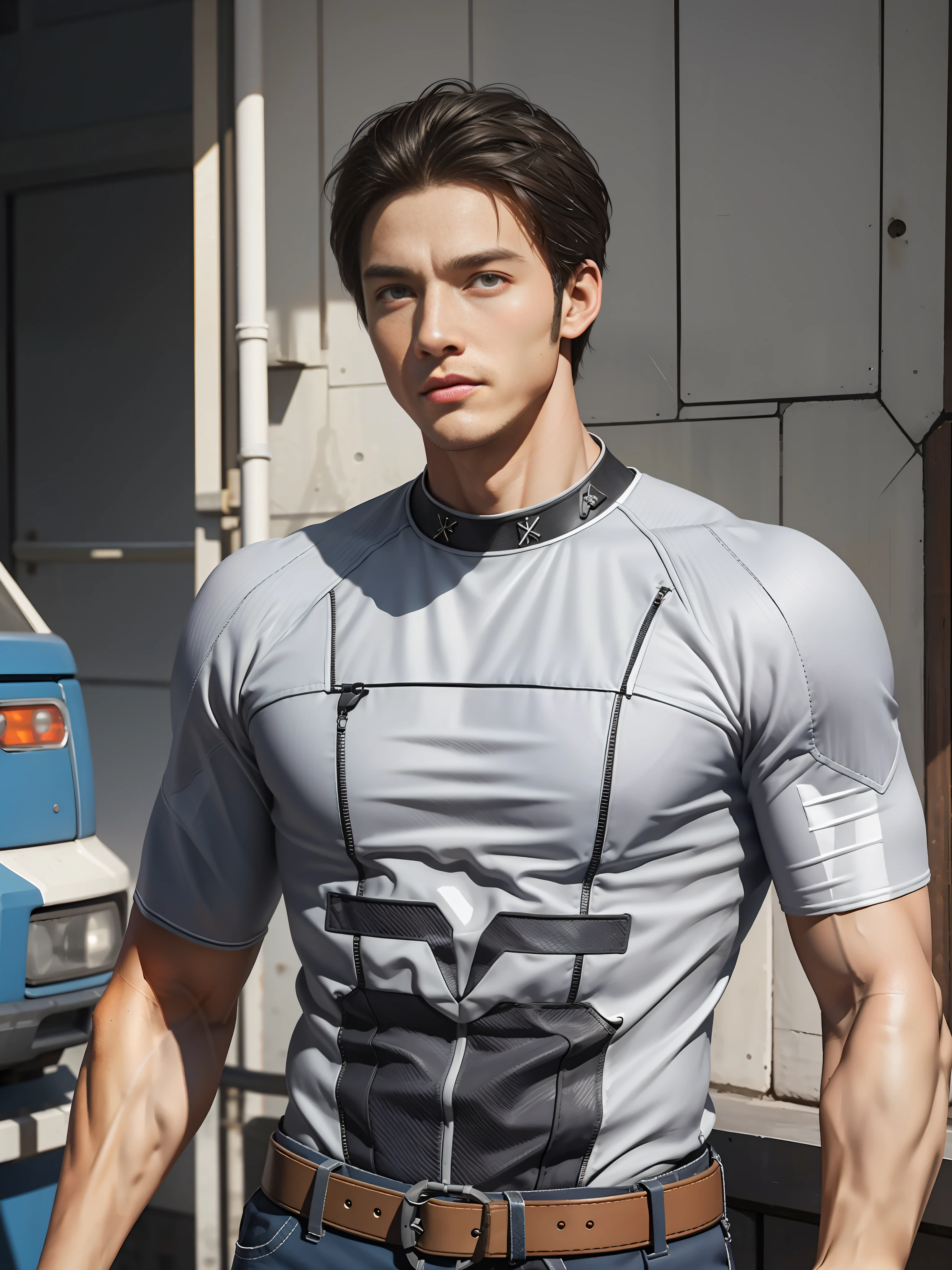(masterpiece, best quality), 1 male, mature, aged up:1.4, tall muscular guy, broad shoulders, finely detailed eyes and detailed face, best ratio four finger and one thumb, best light and shadow, very short hair, undercut, mercenary, suit, morden urban landscape
