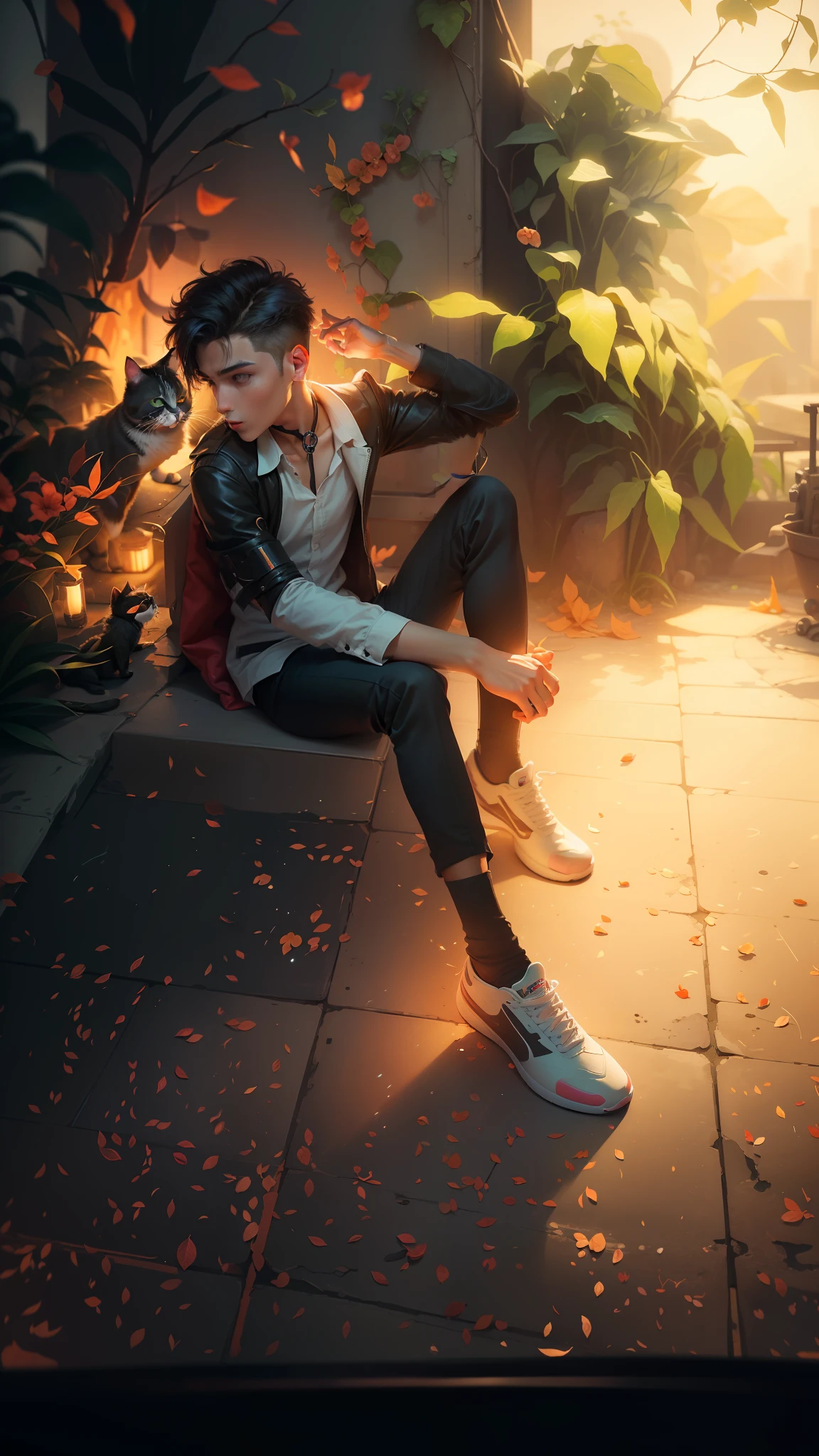 Cute, handsome boy, with cat,cyberpunk back ground change, edit like professiional