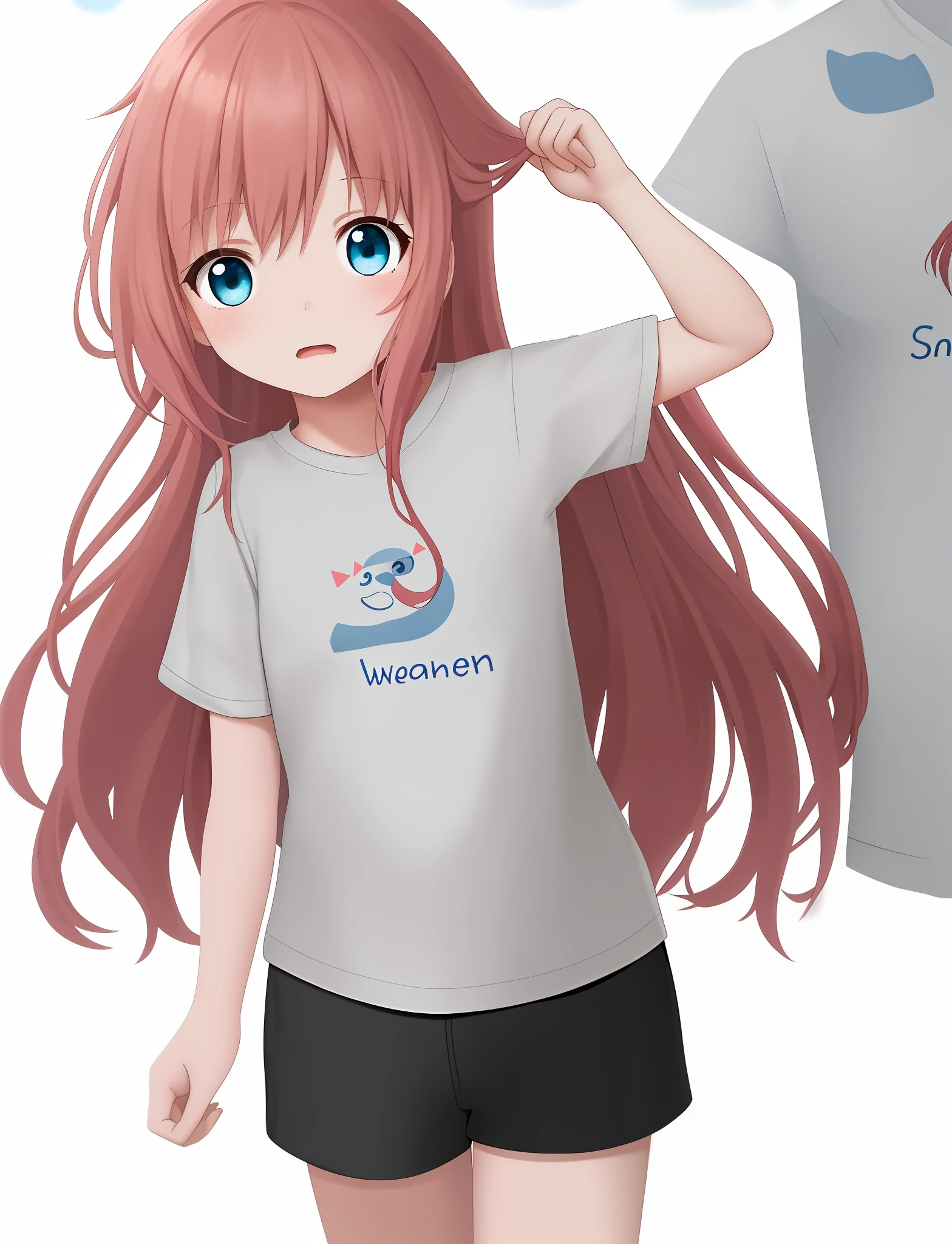 Generate an image of a little girl loli, she is standing and appears shy. She is cute, has long pink hair, blue eyes and is wearing a white T-shirt and short black shorts. She's shaking her head like she's denying something.