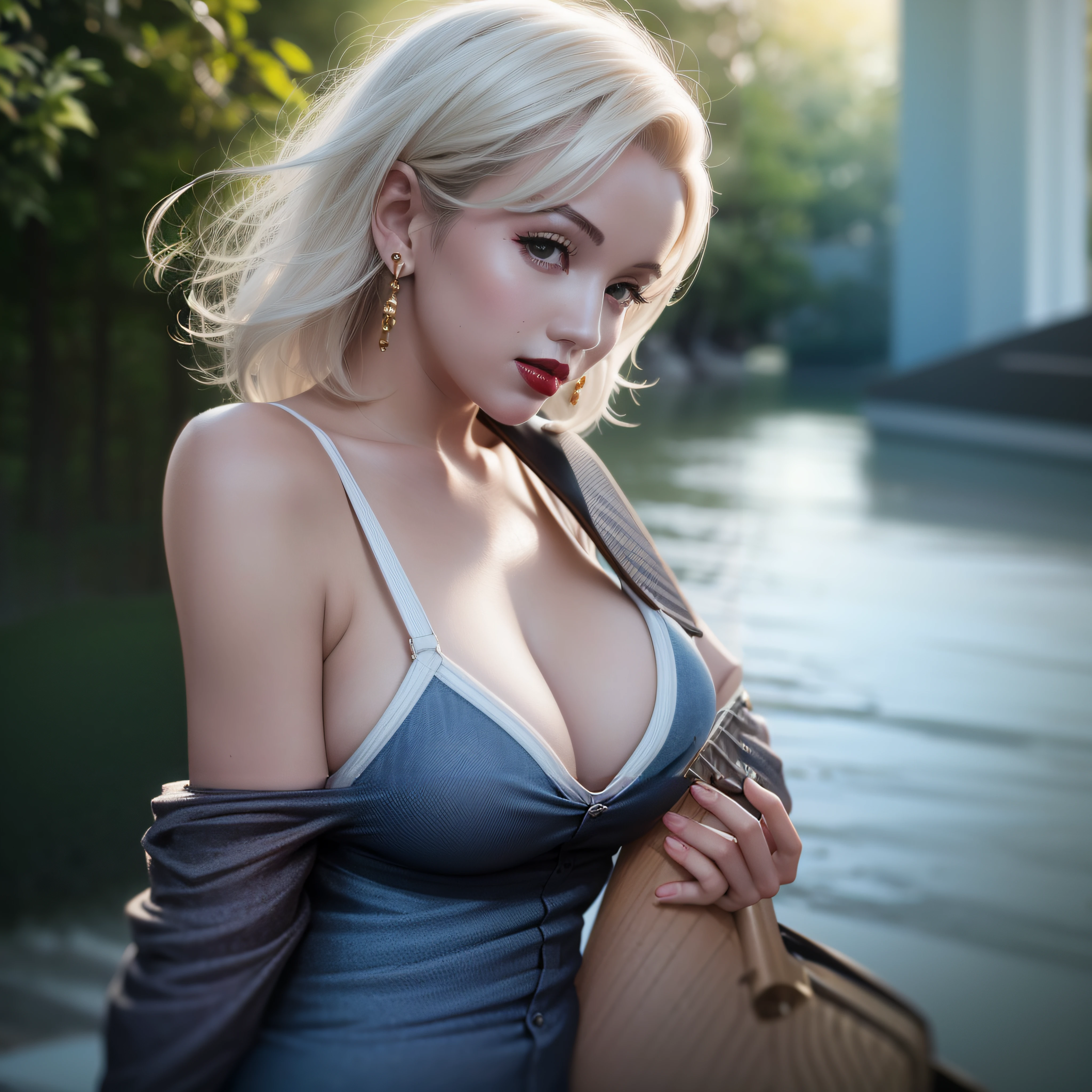 blonde woman with guitar in front of river with trees, amouranth, young beautiful amouranth, better known as amouranth, perfect white haired girl, soft portrait shot 8 k, ava max, beautiful blonde girl, artgerm moody photography, 4 k glamour photography, blonde goddess, 8k artgerm bokeh, anna nikonova aka newmilky