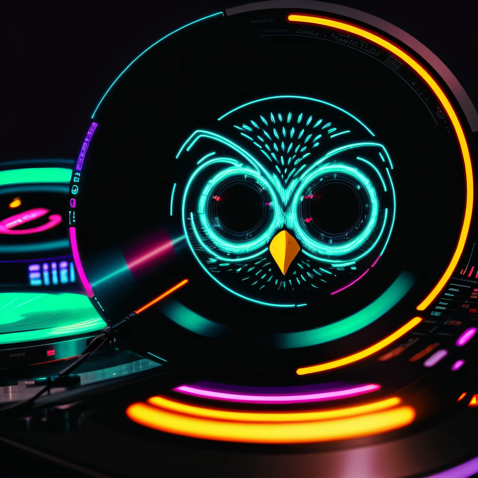 A cartoon owl, wearing a headphone, a set of disco clothes, spinning a vinyl record on a CDJ, rendered in a classic style of color photography and a subtle touch of neon lighting.