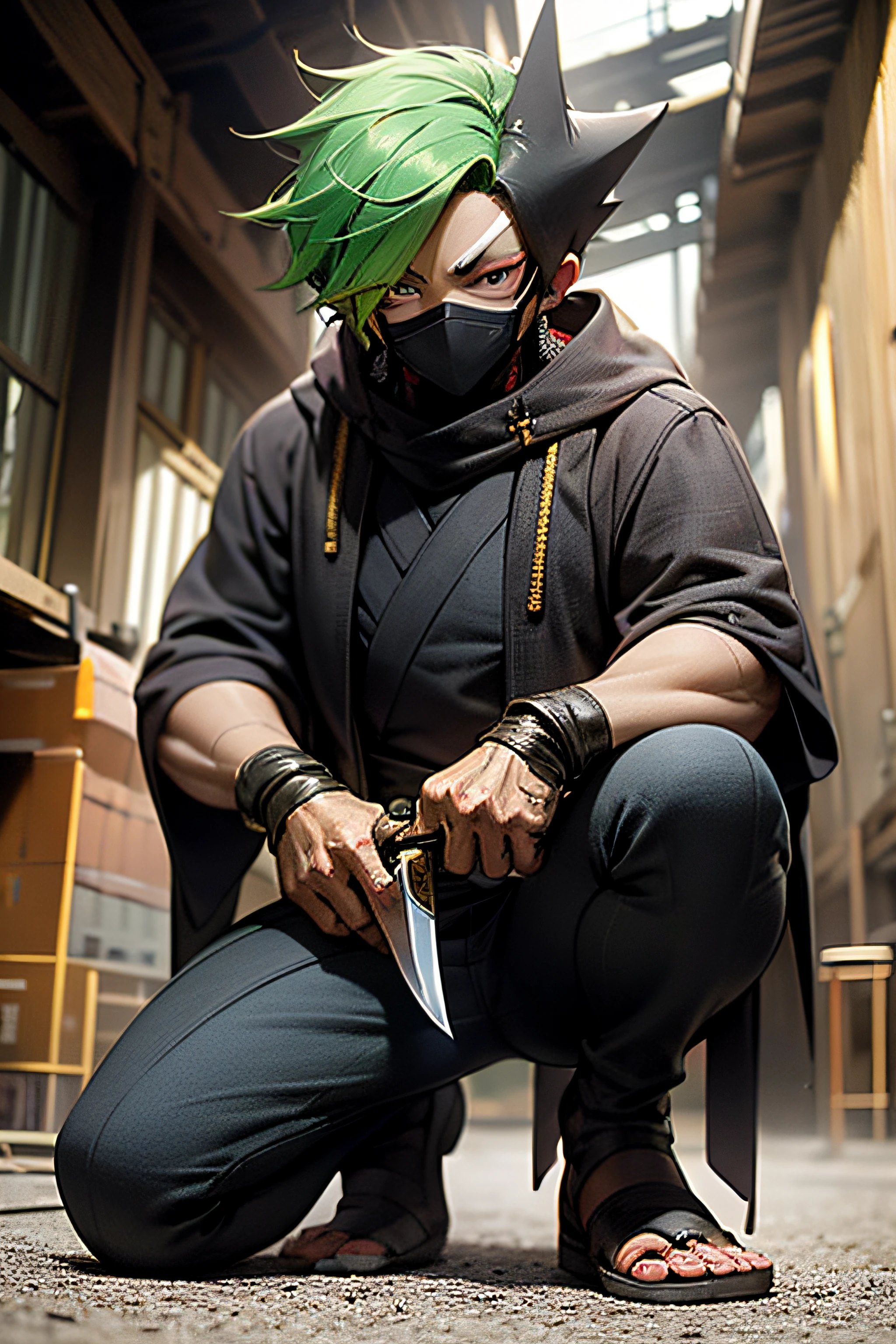 A ninja boy, masked with sharp eyes, crouched on the ground, holding a short knife in his right hand, gesturing with a knot mark with his left hand, green hair, golden pupils, and behind him is a huge tanuki