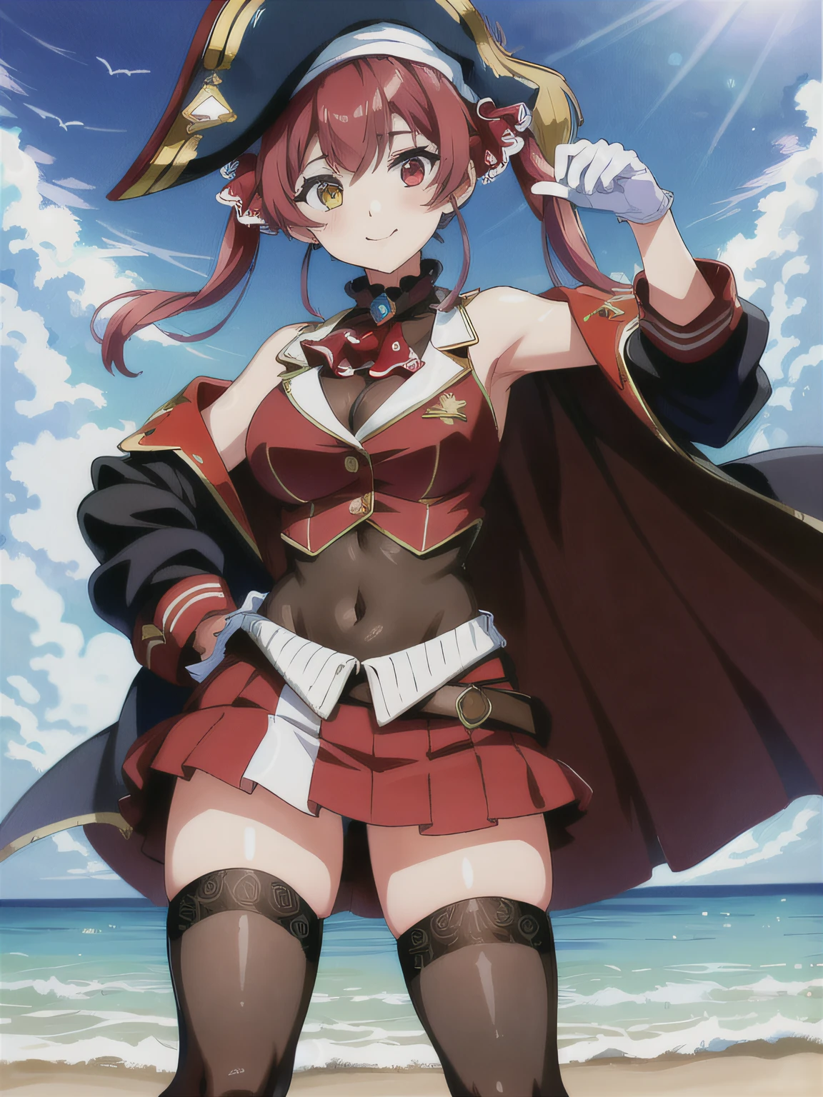 masterpiece, best quality, absurdres, perfect antomy, houshouBase, 1girl, solo, heterochromia, red eyes, yellow eyes, twintails, long hair, hair ribbon, large breasts, white gloves, frilled choker, red ascot, leotard, leotard under clothes, red jacket, cropped jacket, sleeveless jacket, black coat, off shoulder, bicorne, red skirt, miniskirt, leather belt, black thighhighs, standing, smile, outdoor, sea, beach,