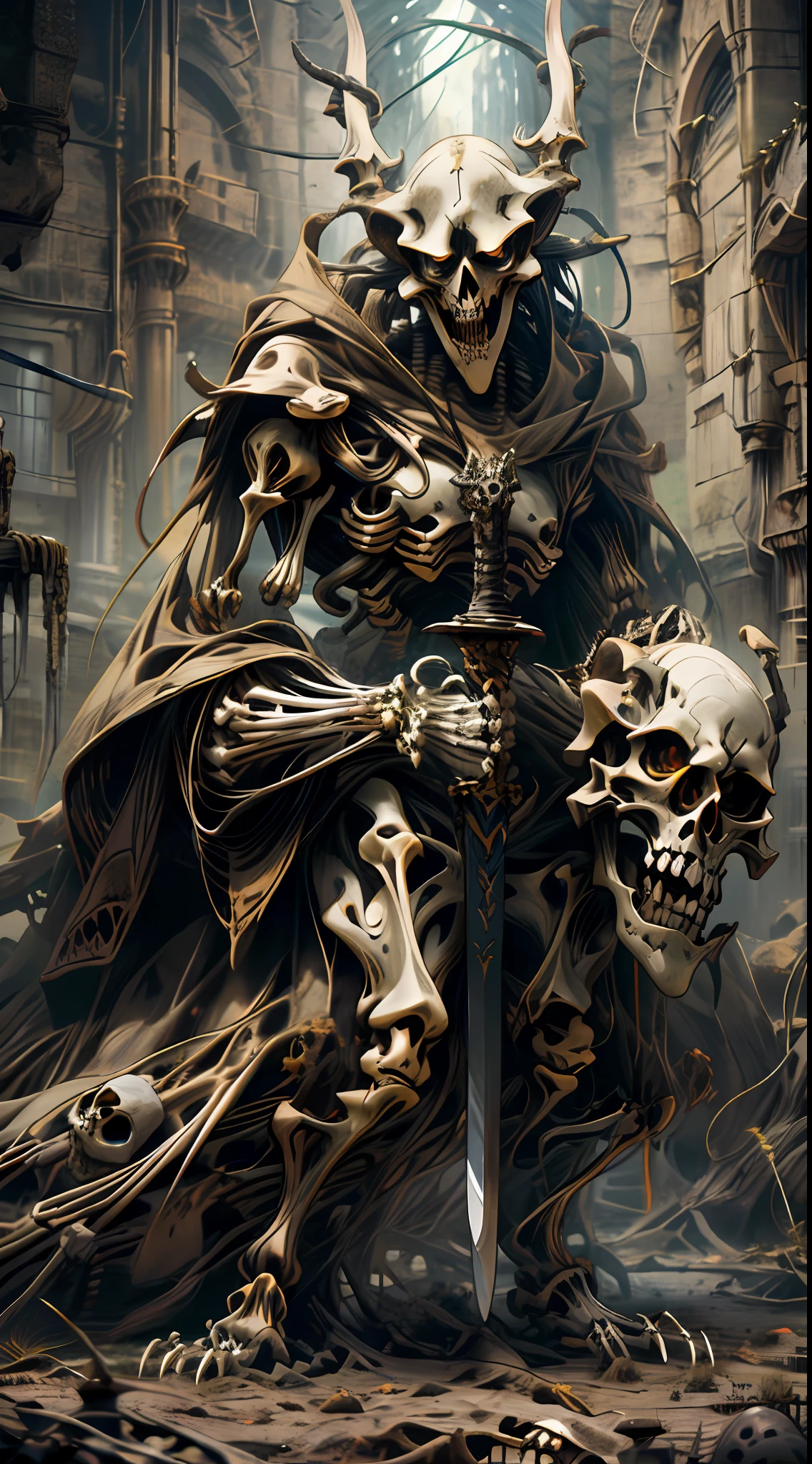 full body portrait of (skeleton monster), gothic, solo, grotesque face, masterpiece, realistic, top quality, in a catacomb dungeon, natural lighting, ultra-detailed, angry, sharp focus, hand holding sword, horns on head, humanoid, epic character composition, menacing pose,