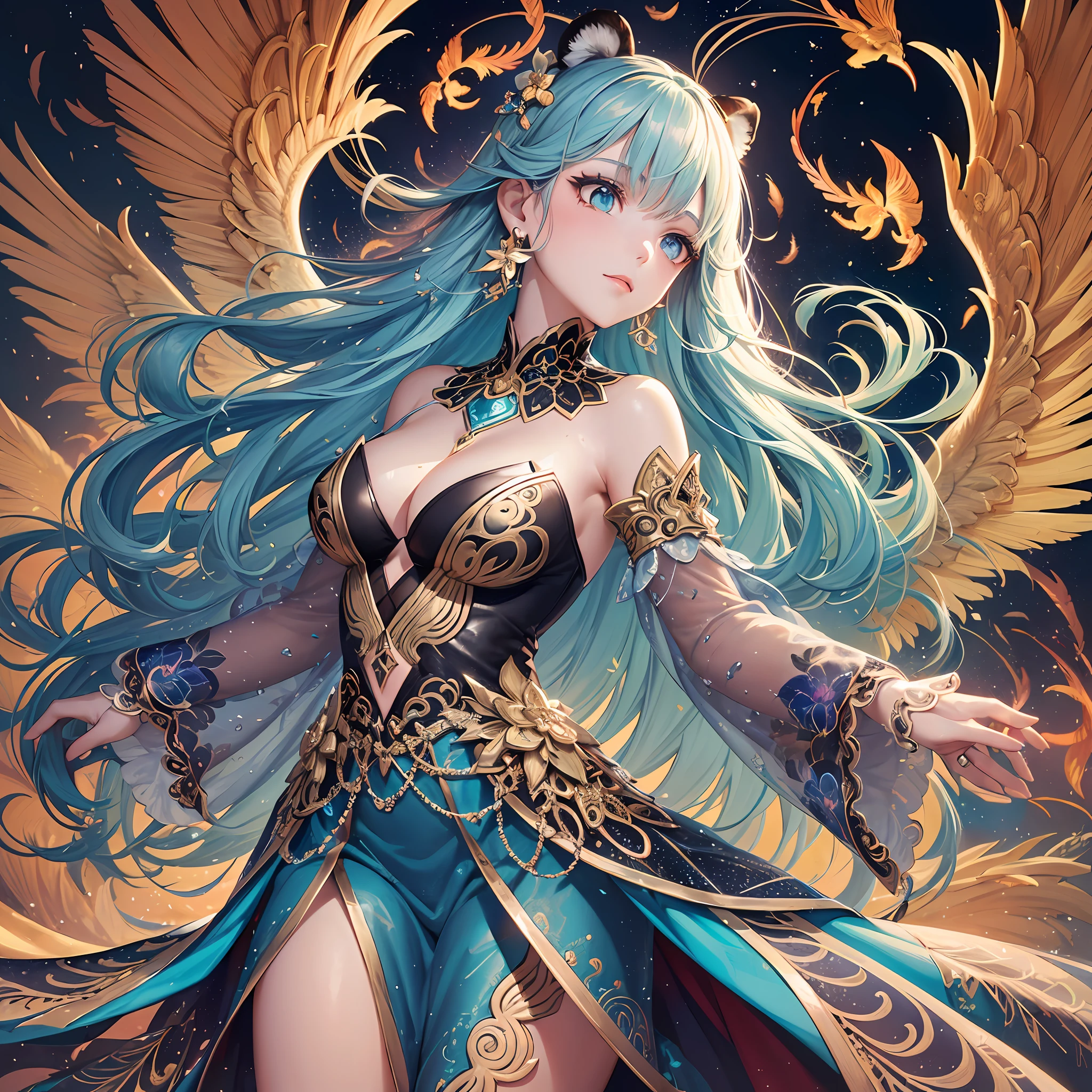 (Masterpiece, Top Quality, Best Quality, Official Art, Beautiful and Aesthetic: 1.2), (1 Girl: 1.3), Blue and Gold, Very Detailed, (Fractal Art: 1.1), (Colorful: 1.1) (Flower: 1.3), Supreme Detail, (Zentangle: 1.2), Sleeves of a Long Dress, (Abstract Background: 1.3), (Glossy Skin), (Many Colors: 1.4), (Earrings), (Feathers: 1.5), (Wind:1.3), emerald, long hair, wrapped in light, detailed background, phoenix dress, panda ears, blue flowers, vivid eyes