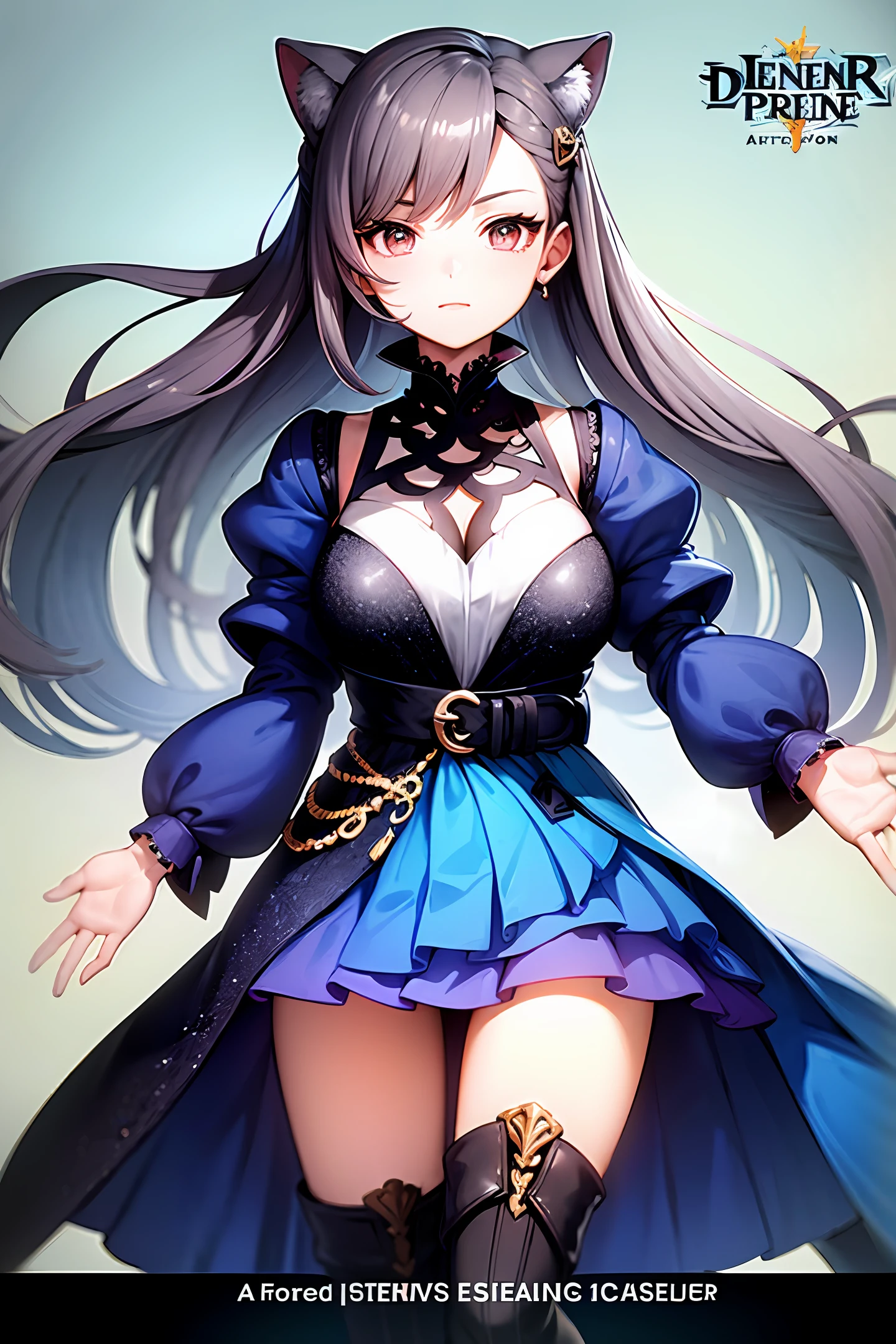 a picture of a girl in a blue dress and black boots, lineart inspired by Li Chevalier, featured on pixiv, lyco art, lithe, in elegant decollete, light novel cover art, in the style artgerm, cyarine, style artgerm, shadowverse style, epic light novel art cover, elegant cat