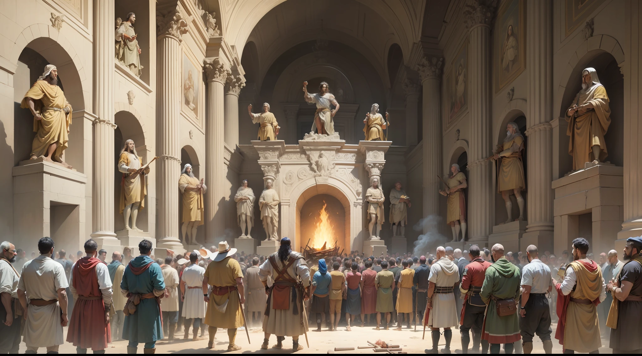 a painting of a group of men standing around a fire, painting of goliath, historical artistic depiction, by Carl Eytel, biblical painting, traditional art, colchians painting, by János Saxon-Szász, by Gilberto Soren Zaragoza, epic biblical depiction, artist unknown, by Eugenio de Arriba