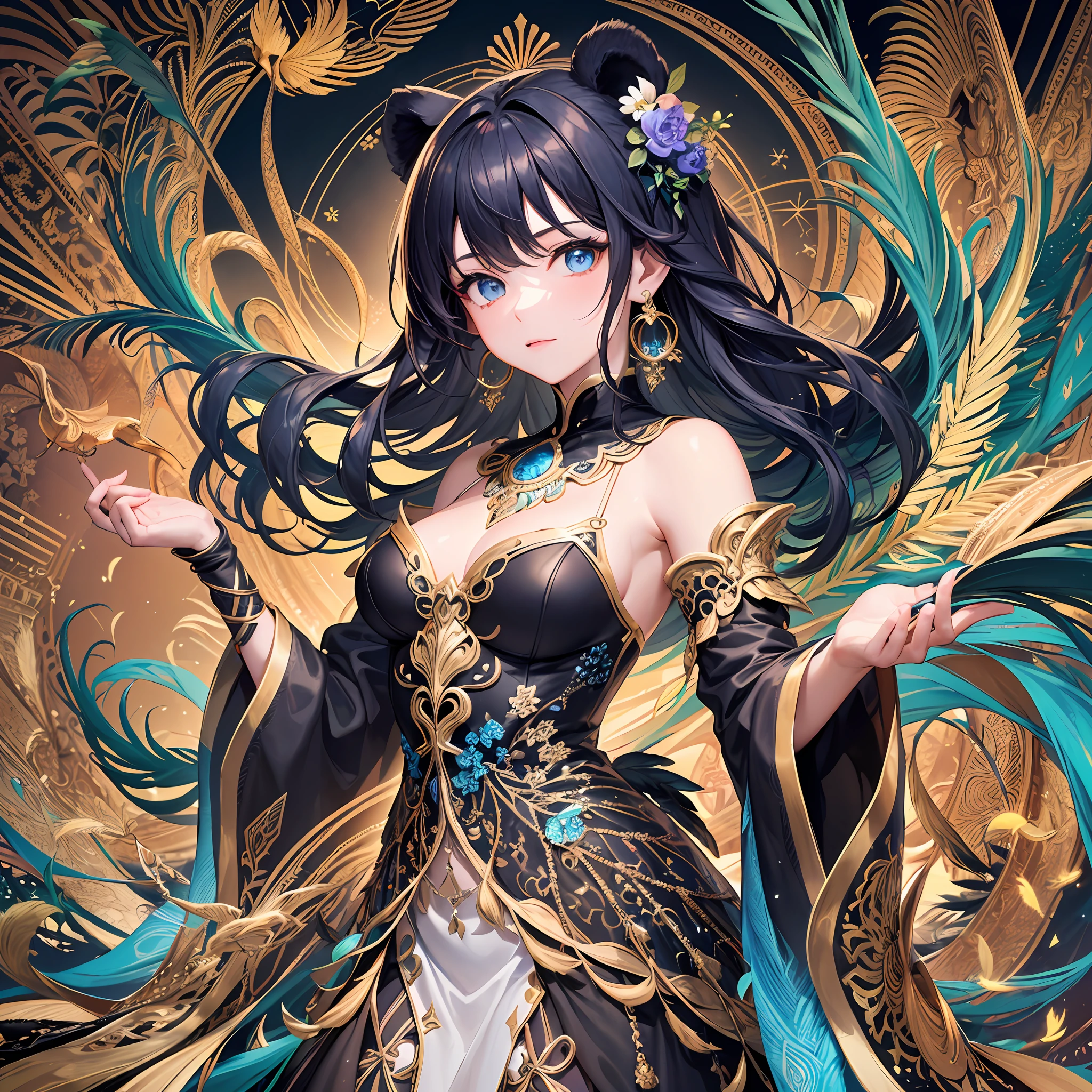 (Masterpiece, Top Quality, Best Quality, Official Art, Beautiful and Aesthetic: 1.2), (1 Girl: 1.3), Blue and Gold, Very Detailed, (Fractal Art: 1.1), (Colorful: 1.1) (Flower: 1.3), Supreme Detail, (Zentangle: 1.2), Sleeves of a Long Dress, (Abstract Background: 1.3), (Glossy Skin), (Many Colors: 1.4), (Earrings), (Feathers: 1.5), (Wind:1.3), emerald, long hair, wrapped in light, detailed background, phoenix dress, panda ears, blue flowers, vivid eyes