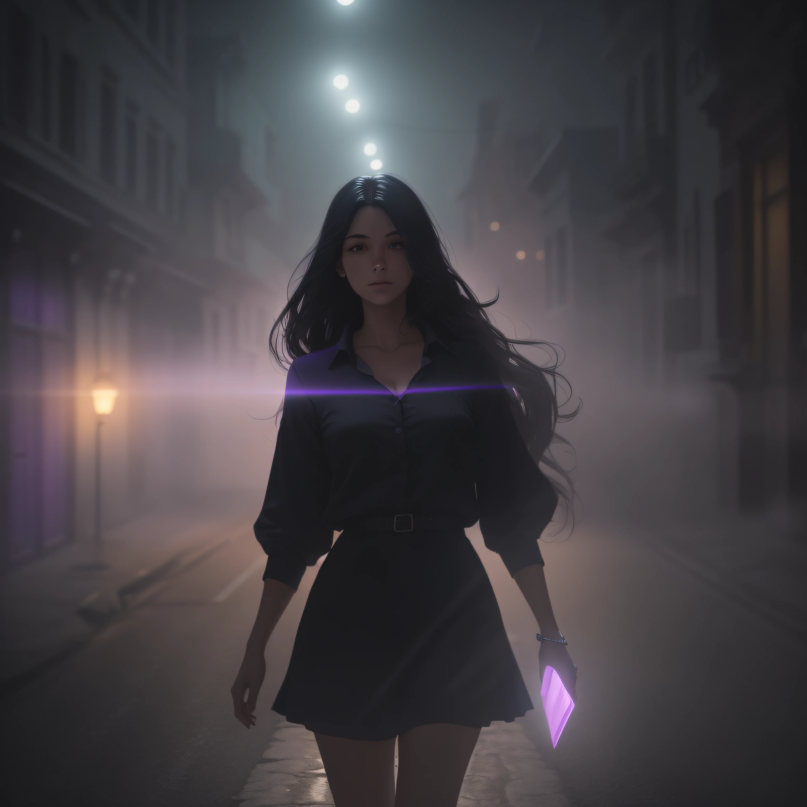 Woman walking head-on down a road at night, with fog and shadows, wavy and long black hair, detailed hand and fingers, high quality, ultra-detailed, 8k, masterpiece, (volumetric lighting), black magic, fanciful, lilac colors, purple, black and vivid shadows on the woman's return. --auto --s2