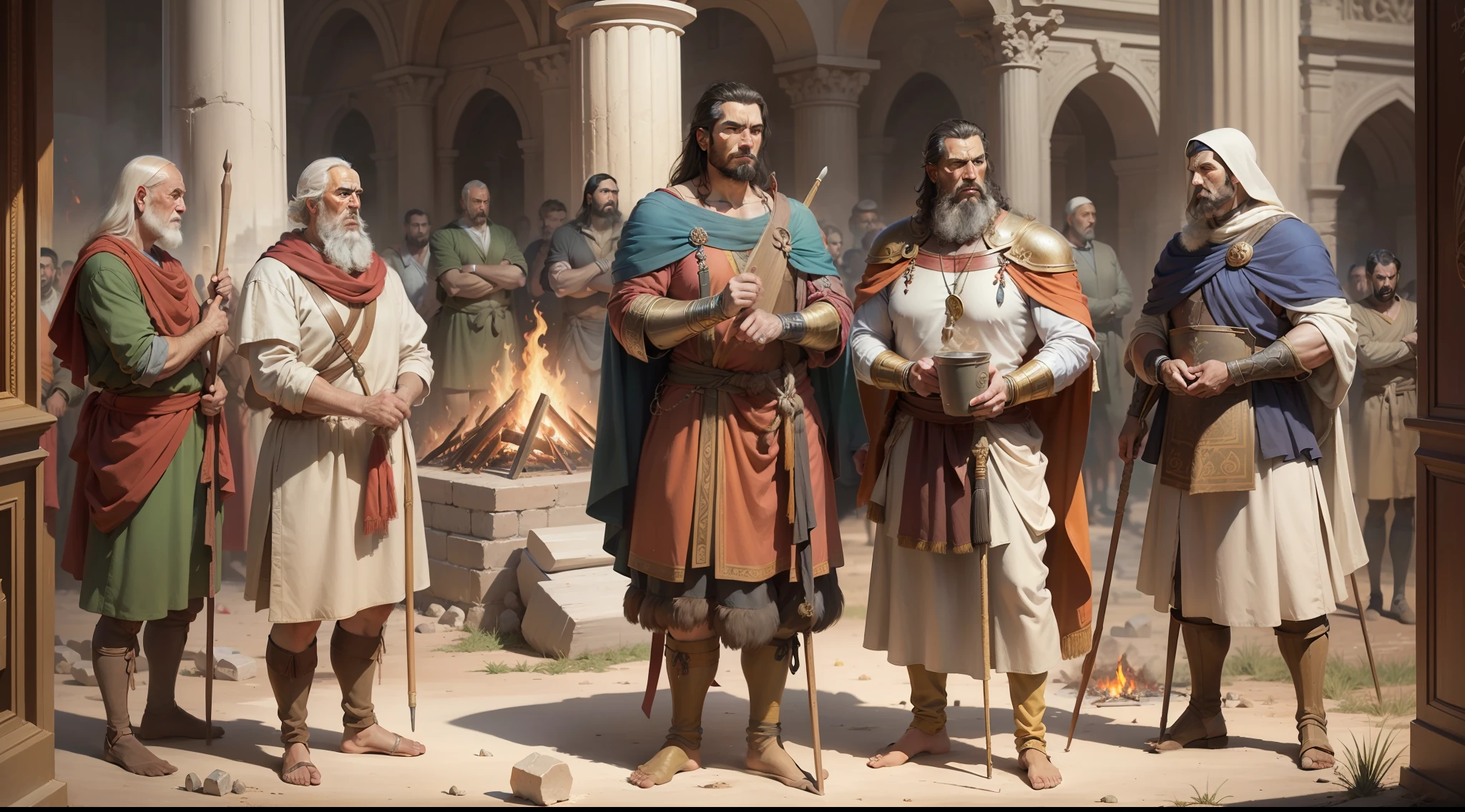 a painting of a group of men standing around a fire, painting of goliath, historical artistic depiction, by Carl Eytel, biblical painting, traditional art, colchians painting, by János Saxon-Szász, by Gilberto Soren Zaragoza, epic biblical depiction, artist unknown, by Eugenio de Arriba