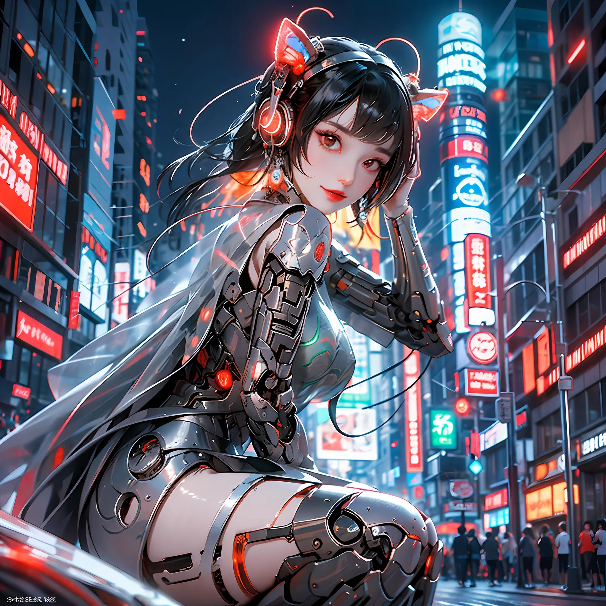 Chenglan bustling fireworks, top gathering of delicious foodies, spicy Shu fables, moon watching immersion, girls, Chinese_clothes, metallic black titanium and crimson, cyberhan clothing, cheongsam, cyberpunk city, dynamic pose, detailed luminous headphones, luminous hair accessories, long hair, luminous earrings, luminous necklace, cyberpunk, high-tech city, full of mechanical and futuristic elements, futurism, technology, glowing neon, red, red light, sexy skirt, translucent black cape, laser light, Digital background urban sky, big moon, with vehicle, best quality, masterpiece, 8K, character edge light, super high detail, high quality, the most beautiful woman in human beings, smile, face facing the front left and right symmetry, ear corner decoration, long antenna glow, beautiful pupils, light effects, visual data, silver-red-orange hair dyeed hair, ultra-detailed facial texture, happy, weapon system, crowded passers-by on the street, mecha style, wearing a luminous antenna on the head, deep eyes, girl kneeling posture, cute squat