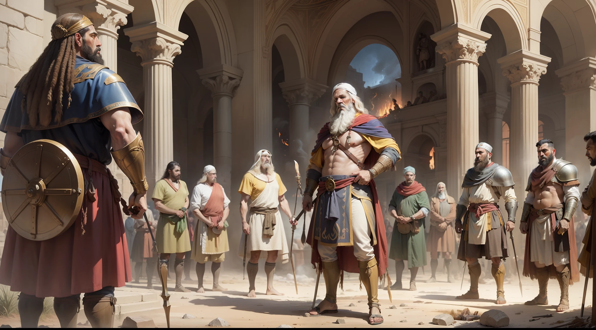 a painting of a group of men standing around a fire, painting of goliath, historical artistic depiction, by Carl Eytel, biblical painting, traditional art, colchians painting, by János Saxon-Szász, by Gilberto Soren Zaragoza, epic biblical depiction, artist unknown, by Eugenio de Arriba