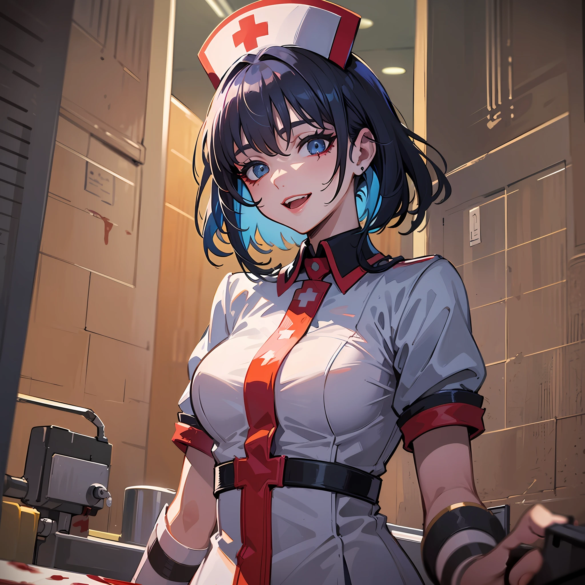 (artwork illustration luminosity desinger:1.2), (best artist illustrator painter:1.2), (1girl), solo, laughing manically, wearing nurse's clothes, macabre smile, lips with blood, clothes with blood, horror movie set of a macabre hospital, gothic cinematic lighting of Paramount studios, Wit, giving a claustrophobic air, in a hostile and dark place--Niji:5--dark hostile lighting--Paramount Studios--studio wit--Graphic perfection--super detail --s2